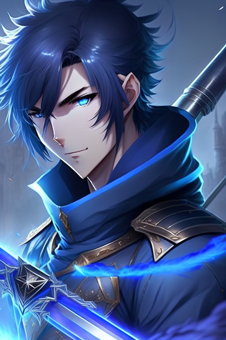 anime guy with blue hair and sword