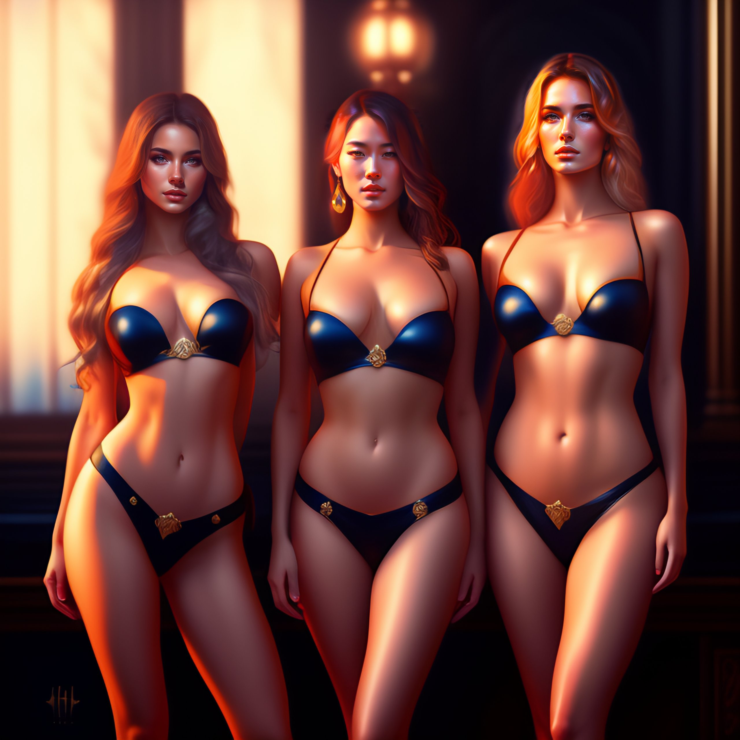 Lexica - A group of four young half-naked women, not a portrait,  intrincated details, oil on canvas, masterpiece, featured on pixiv,  cinematic compos...