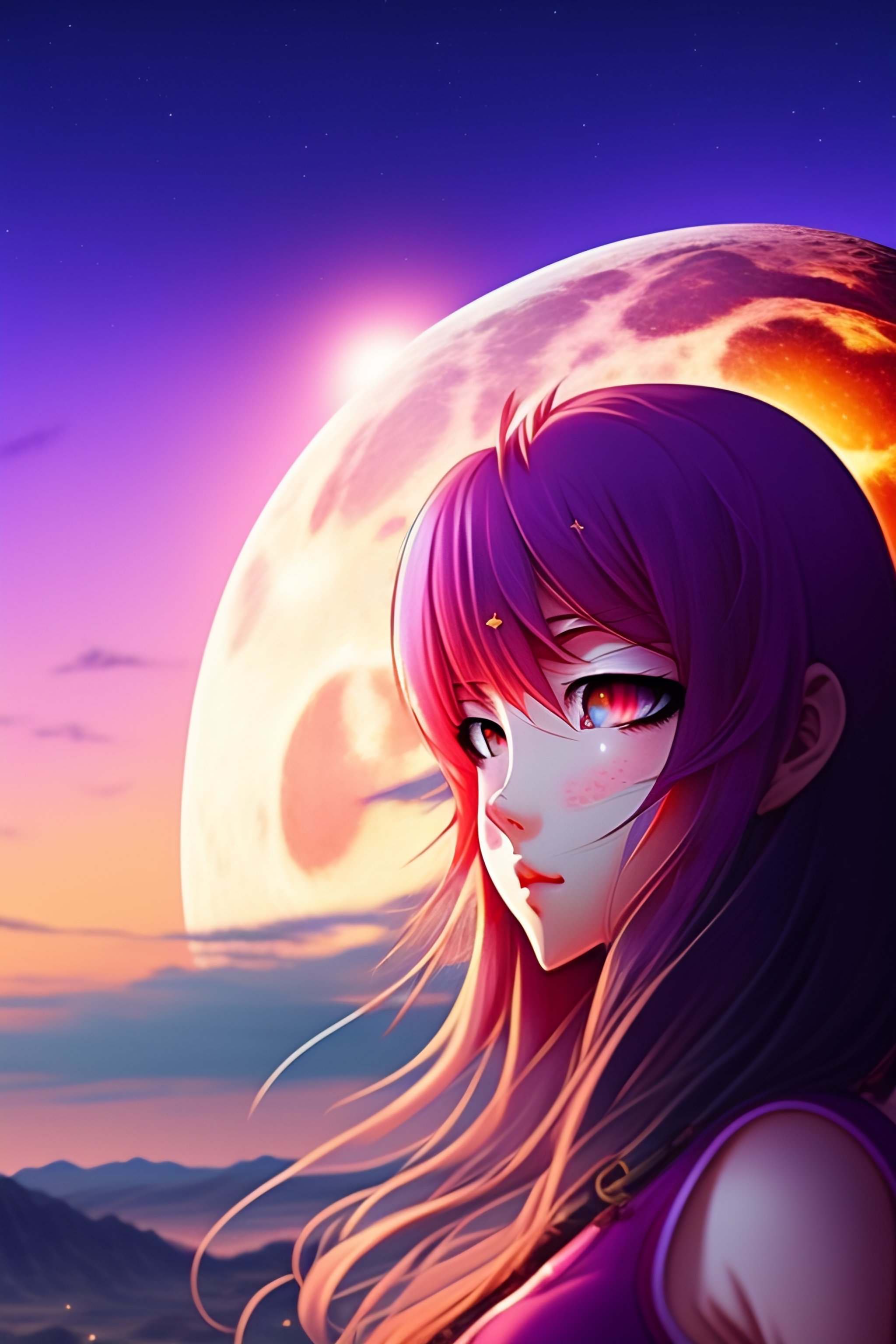 Lexica - Full moon, pink moon, anime, anime girl, long hair, view in  camera, no floor