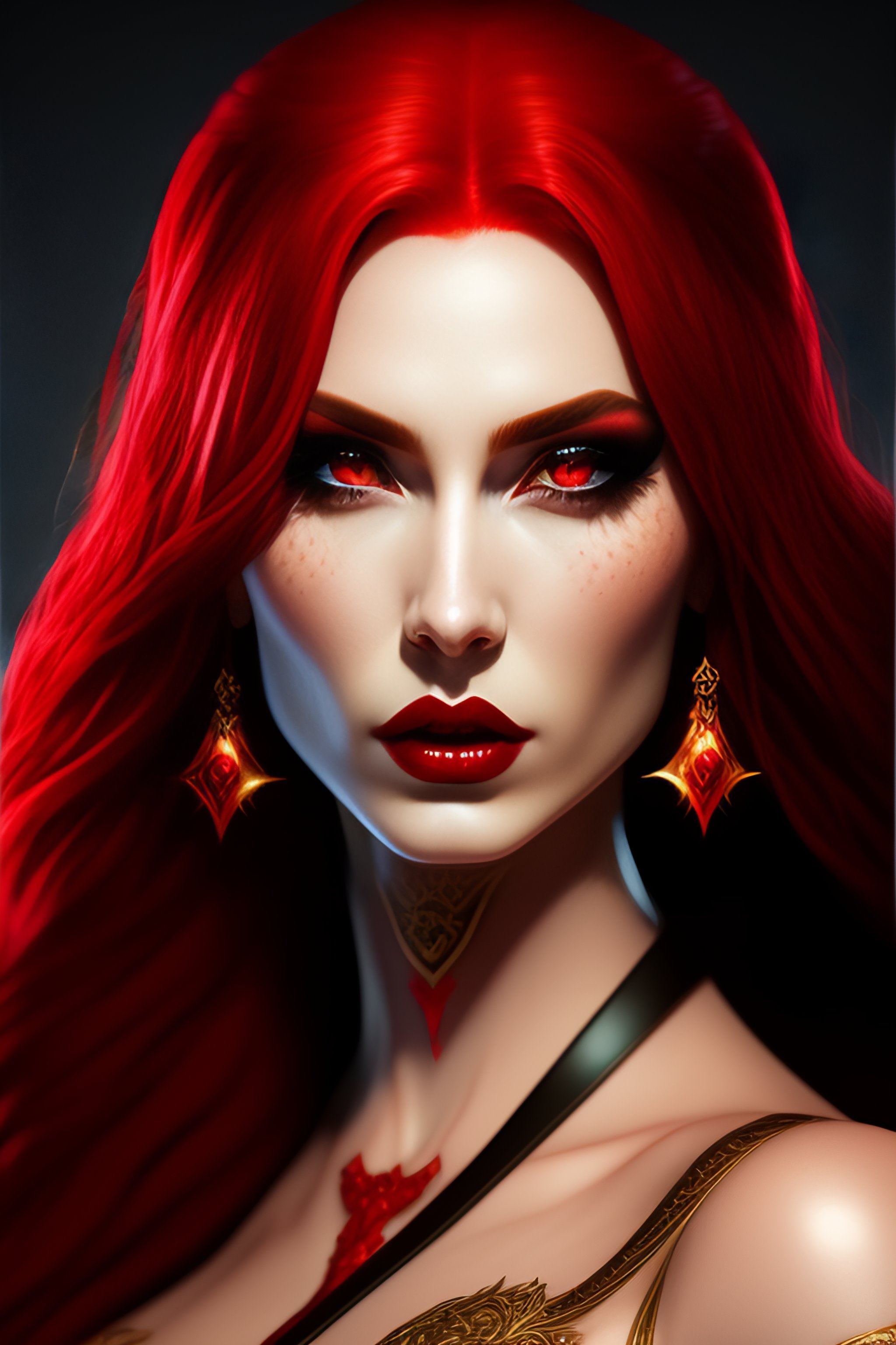 Lexica - Red Haired Goth Queen on knees, Artgerm, mystical, fierce woman,  ruler, demonic, highly detailed, slim, beautiful, pale skin, psychopathic  s...