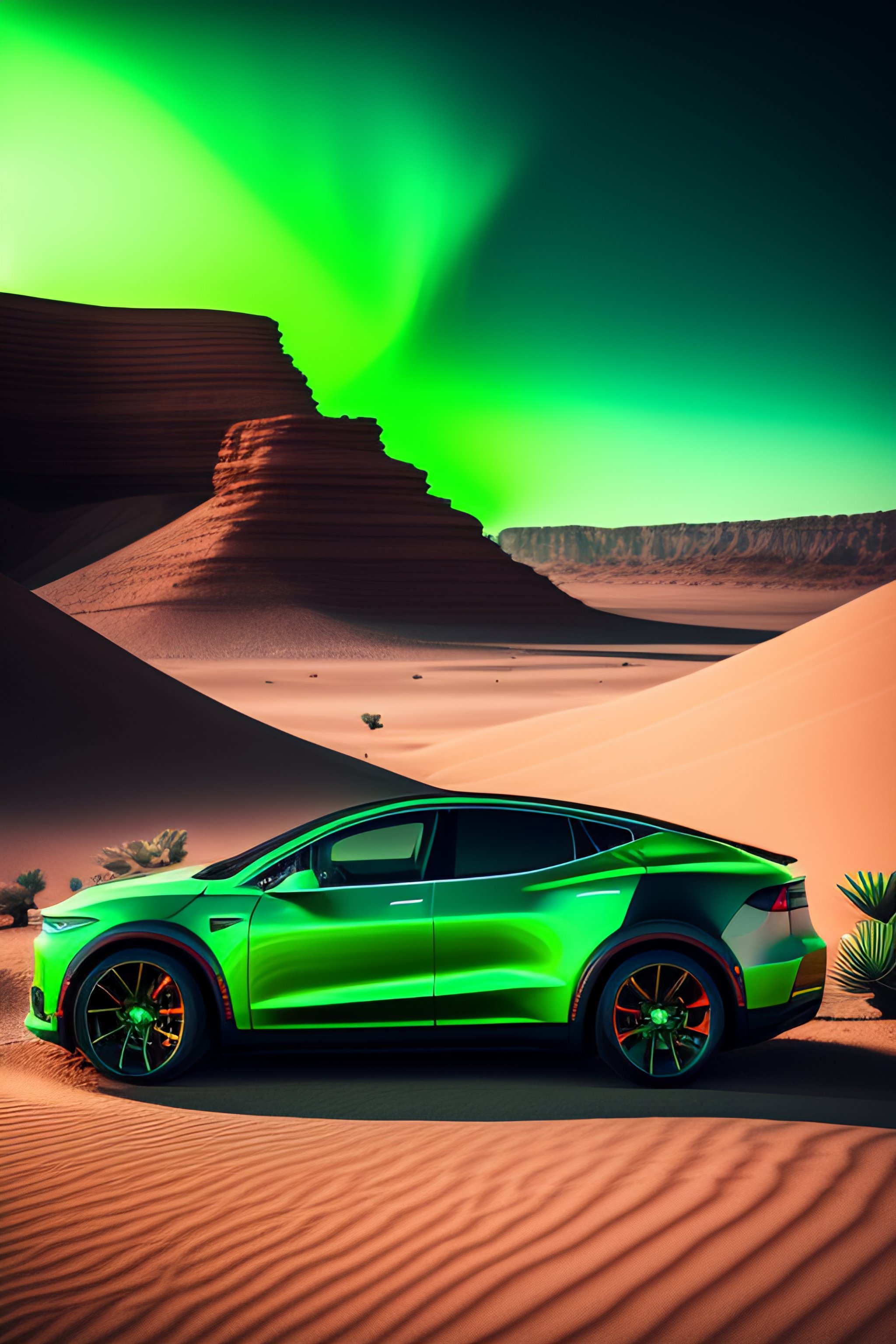 Lexica - Ultra hd! editorial, neon green and chrome tesla in the desert ...