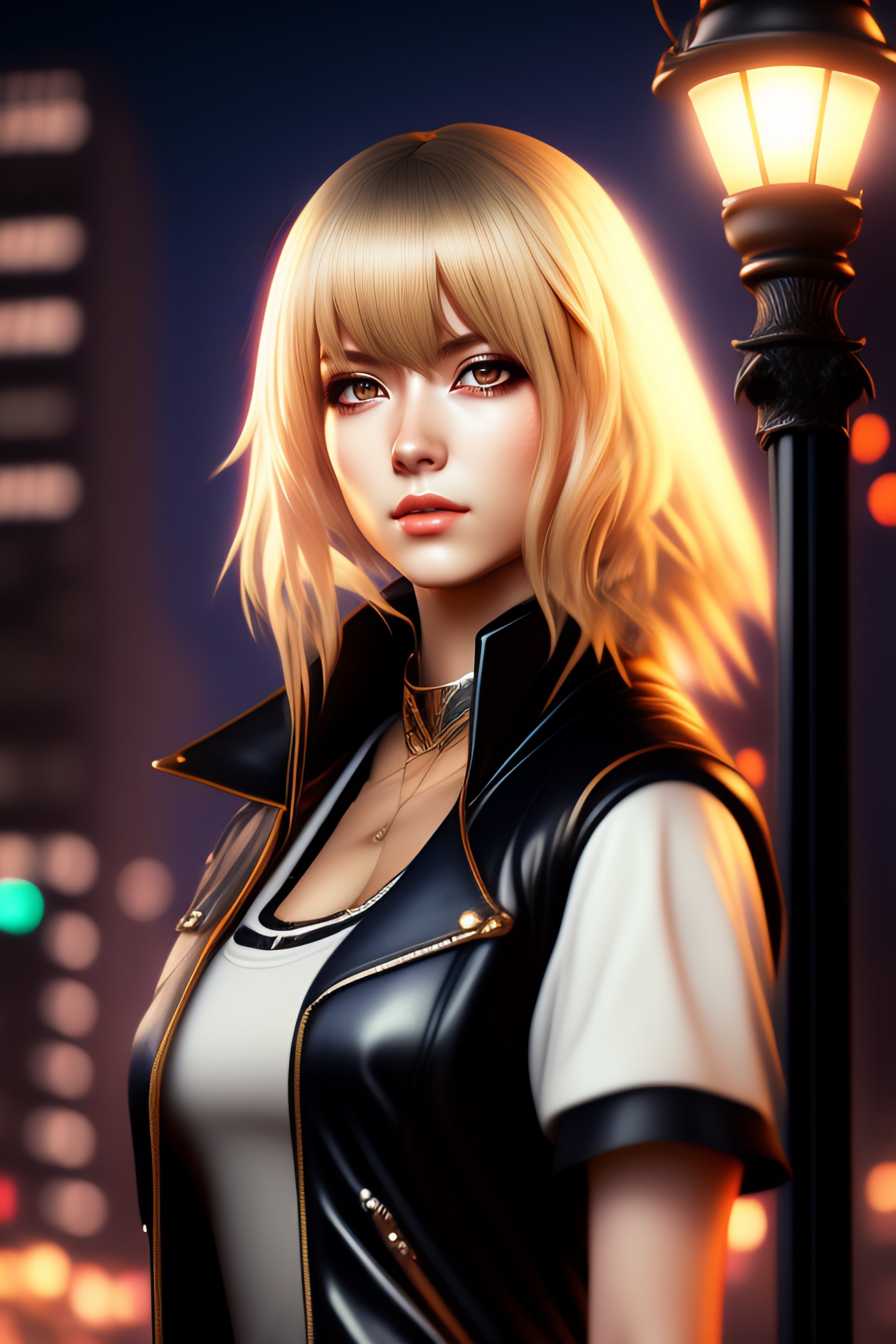 Lexica - Highly detailed outfit of Misa Amane from Death Note, blonde hair,  red eyes, on a sidewalk at night, underneath a streetlight, detailed text...