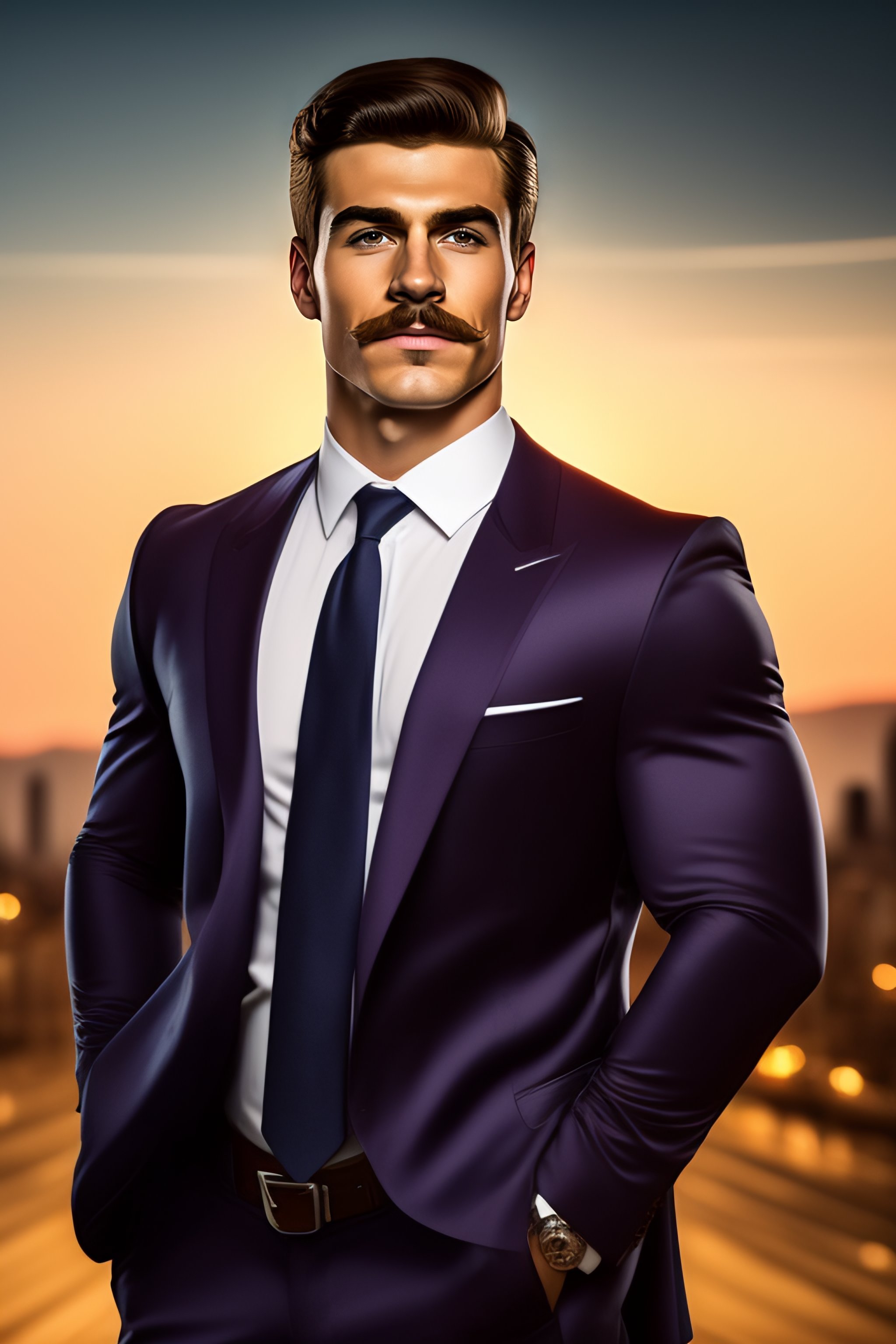 Lexica - Portrait of handsome 18 year old superhero muscle man with short  hair and ned flanders mustache and neck beard and a protruding dimpled  chin...