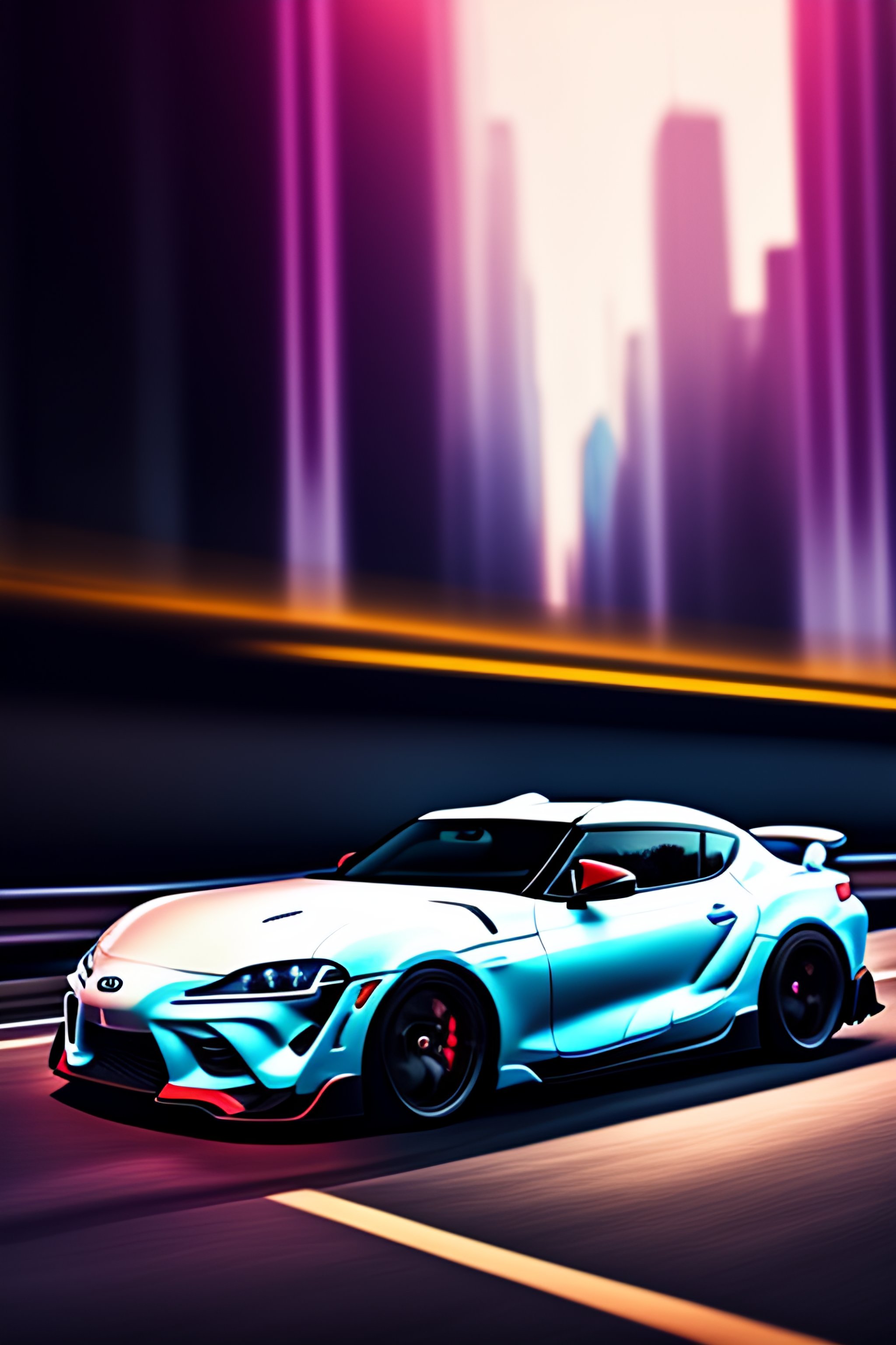 Lexica - Still of a toyota supra on the road in New York, action shot,  85mm, night city, anime, cell shaded, in the spotlight beside oscan