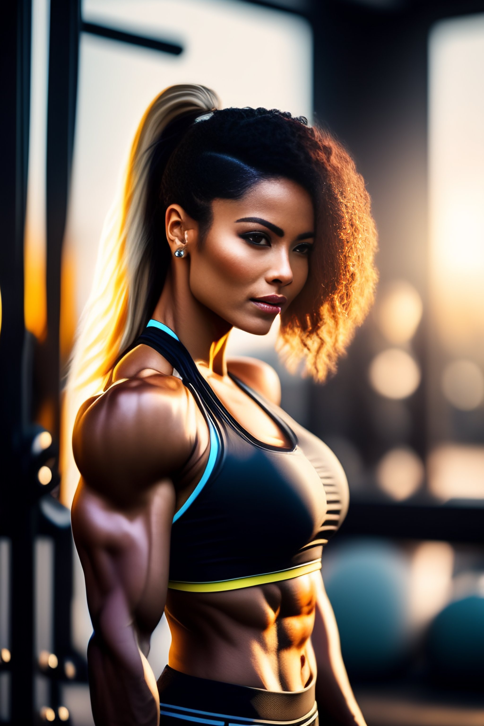 Lexica - Beautiful fit women, fitness attire, facing away from us, 5 5 mm