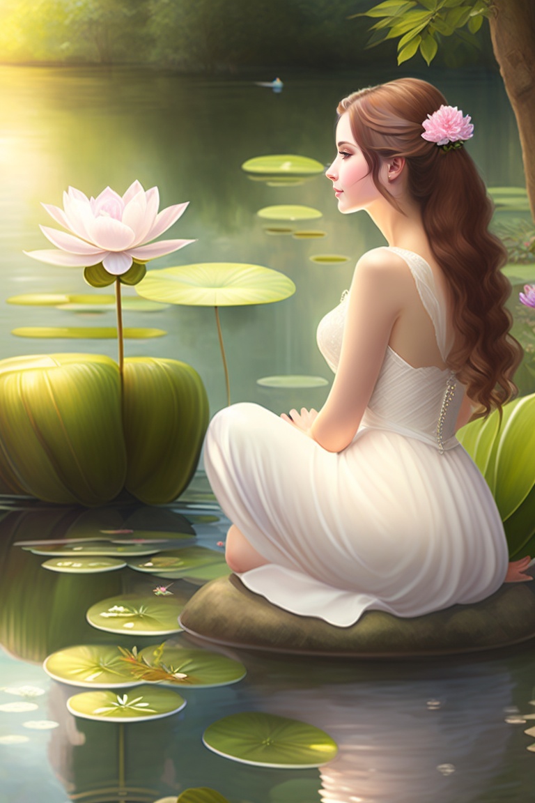 Lexica - A young beautiful white woman looking behind the pond, wearing ...