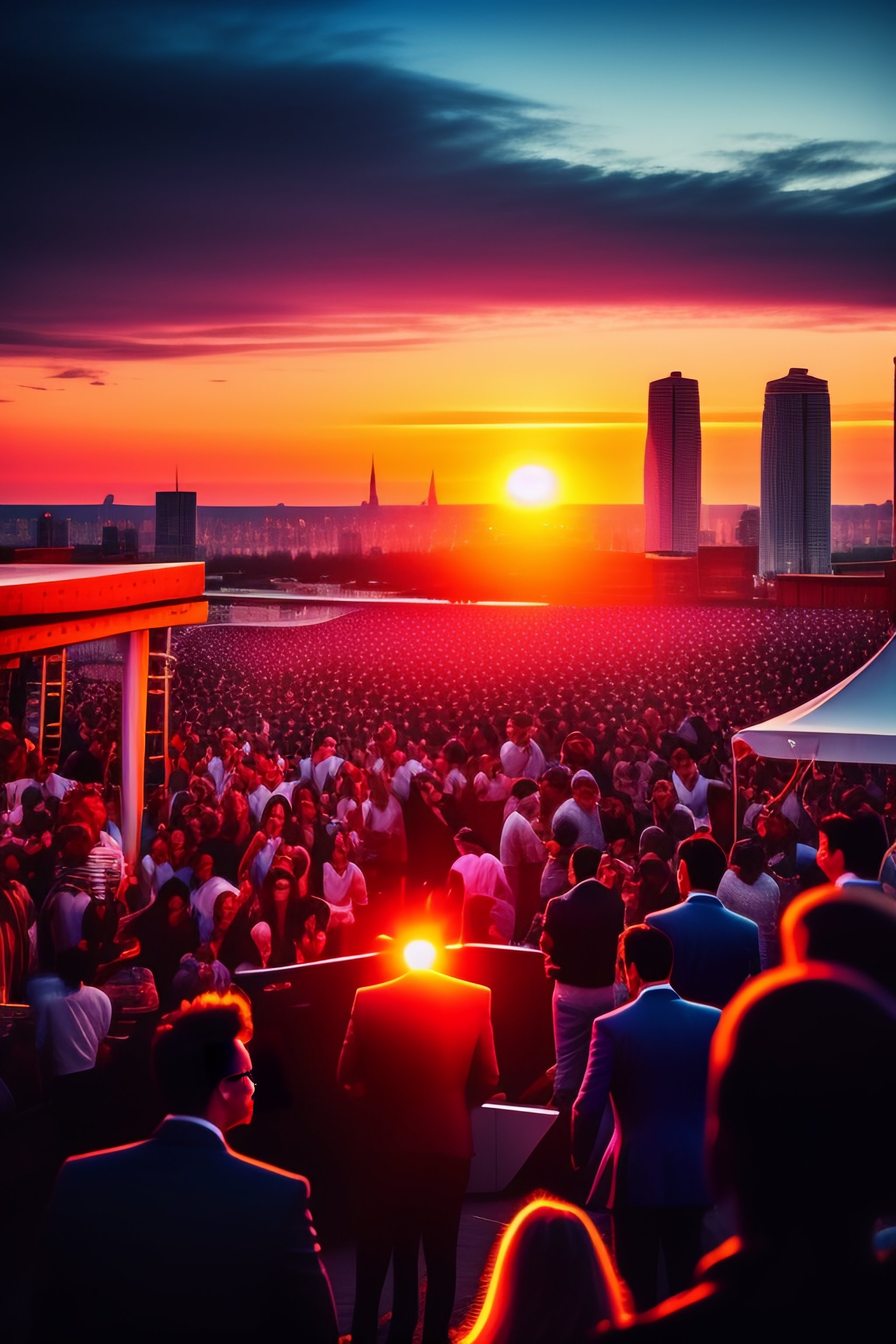 Lexica Rooftop party under the open sky, people dancing against the