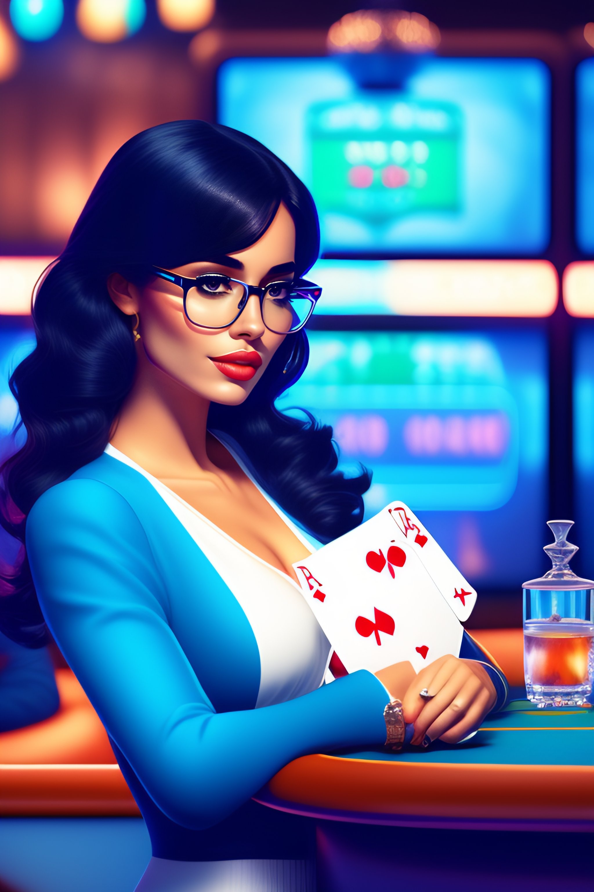 Lexica - Cute girl in blue sweater black hair black wayfarer glasses  sitting a poker table inside a casino drinking gin tonic c with background  by | Sonnenbrillen