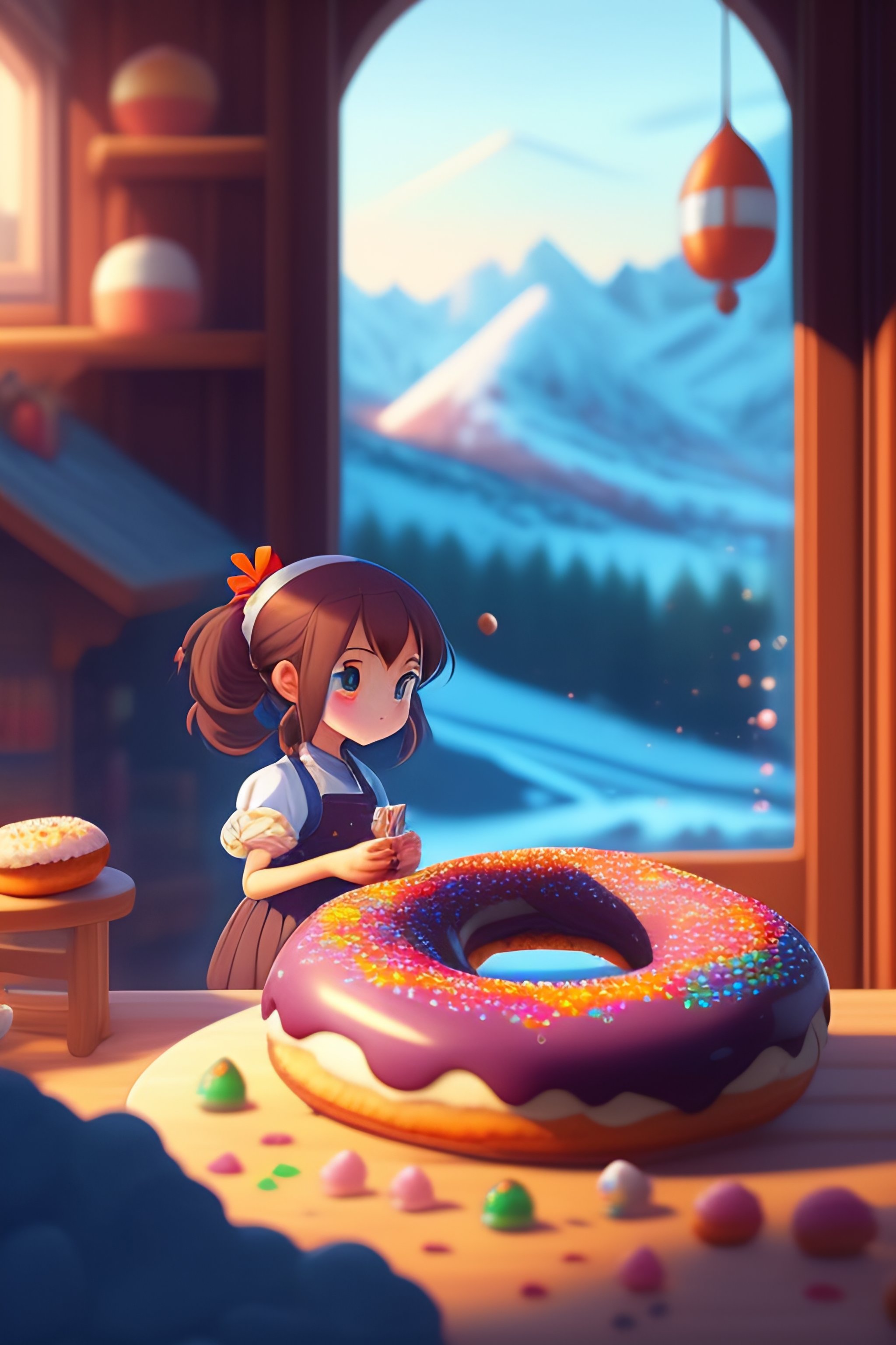 Lexica - Create a high resolution artwork of lofi ,Anime Little Girl is  making colorful donuts at her home in the middle of the mountain, snown ,  by ...