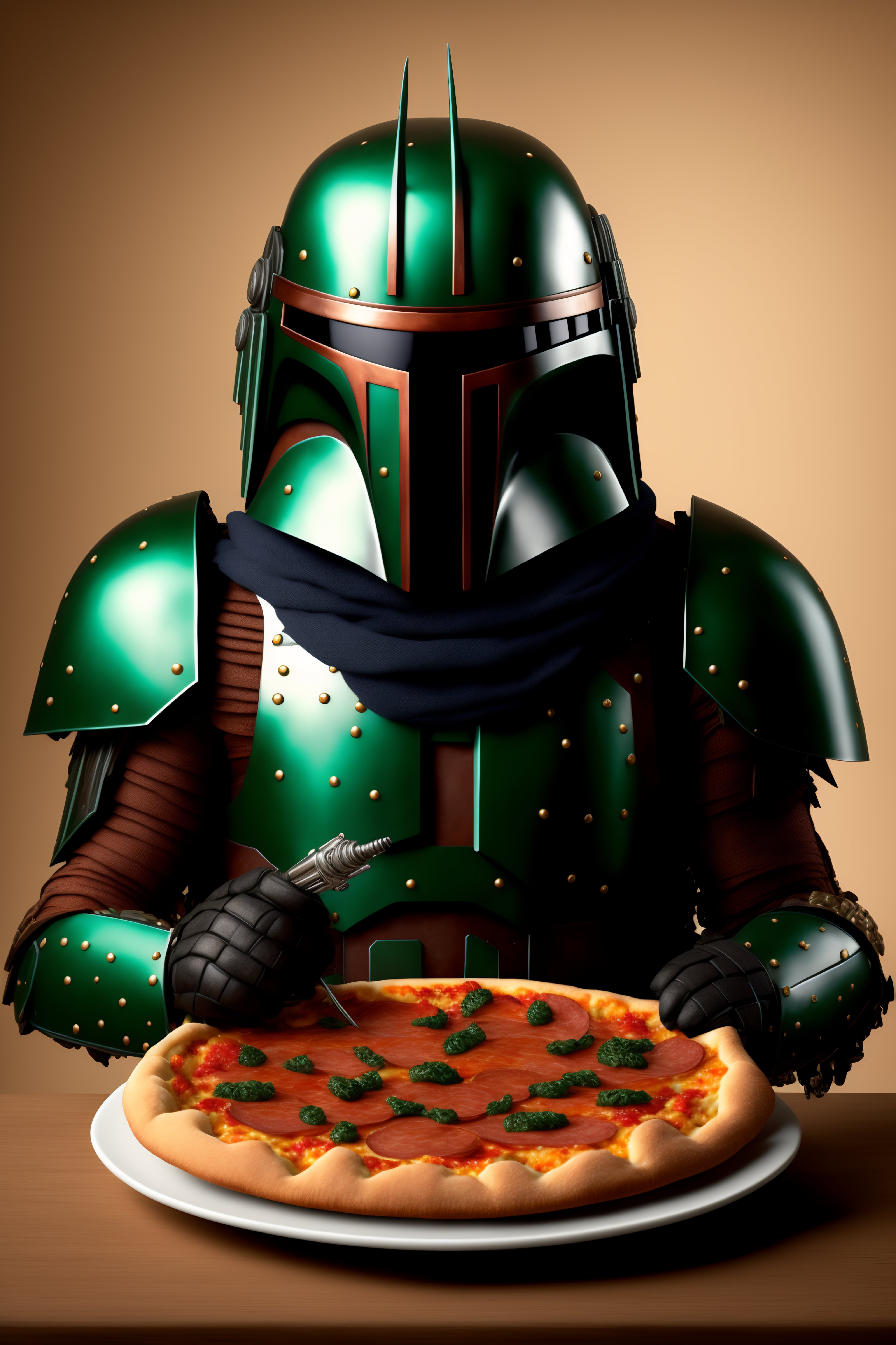 Lexica - Armored boba fett eating pizza