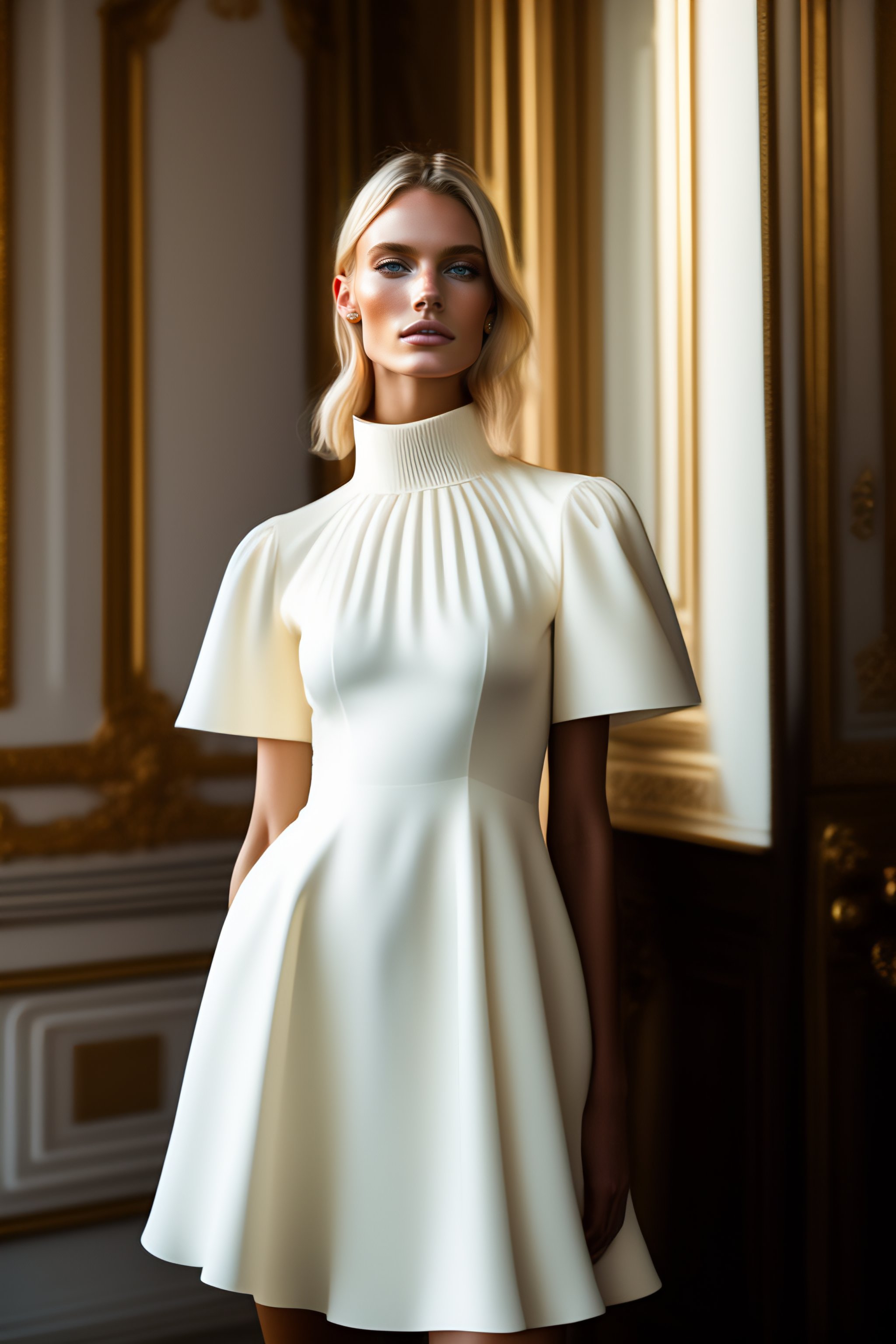 Lexica - Blond fashion model wearing a up the knee short wedding dress ...