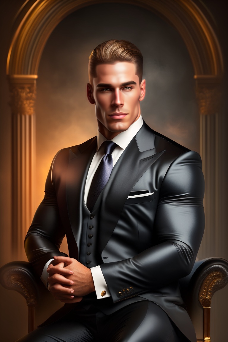 Lexica - A muscular masculine man in a black suit facing with the bach ...