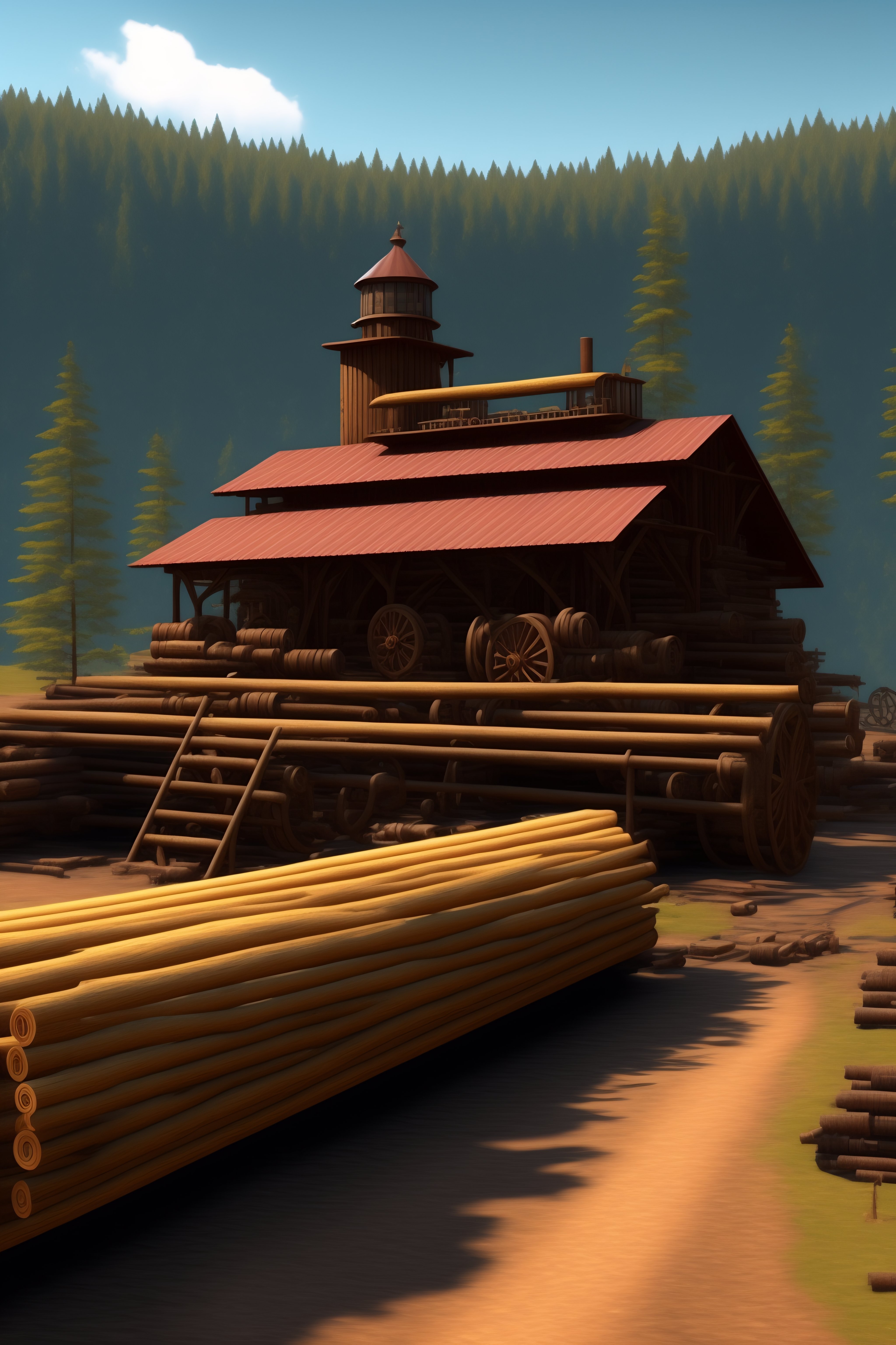 Lexica - Steampunk sawmill with logs