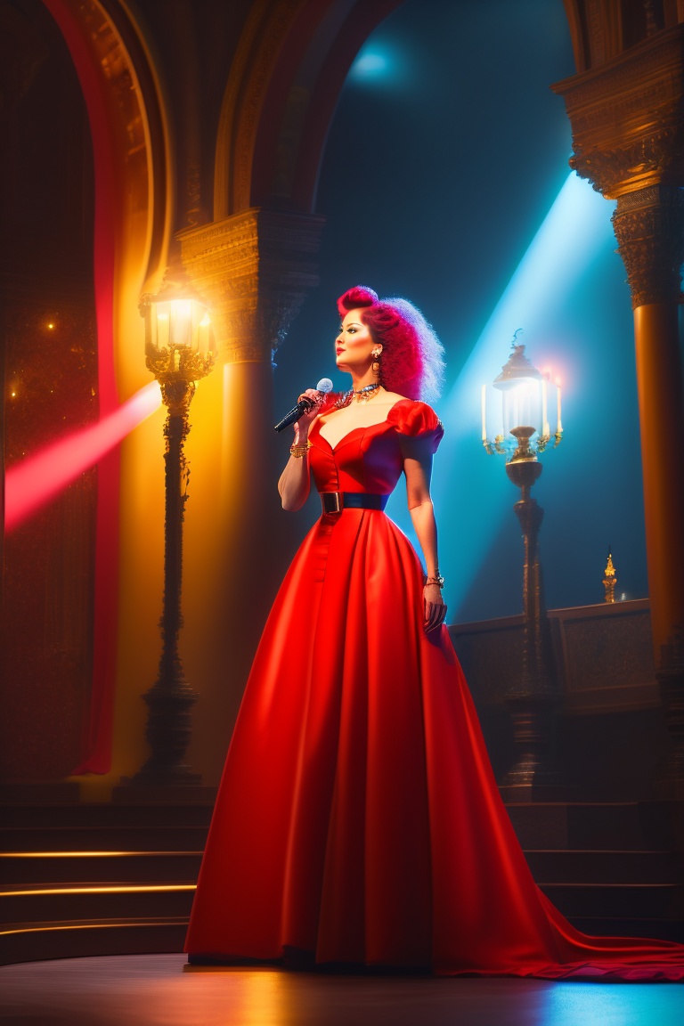 Lexica - A woman singer in a theater , with red clothes, a castle in ...