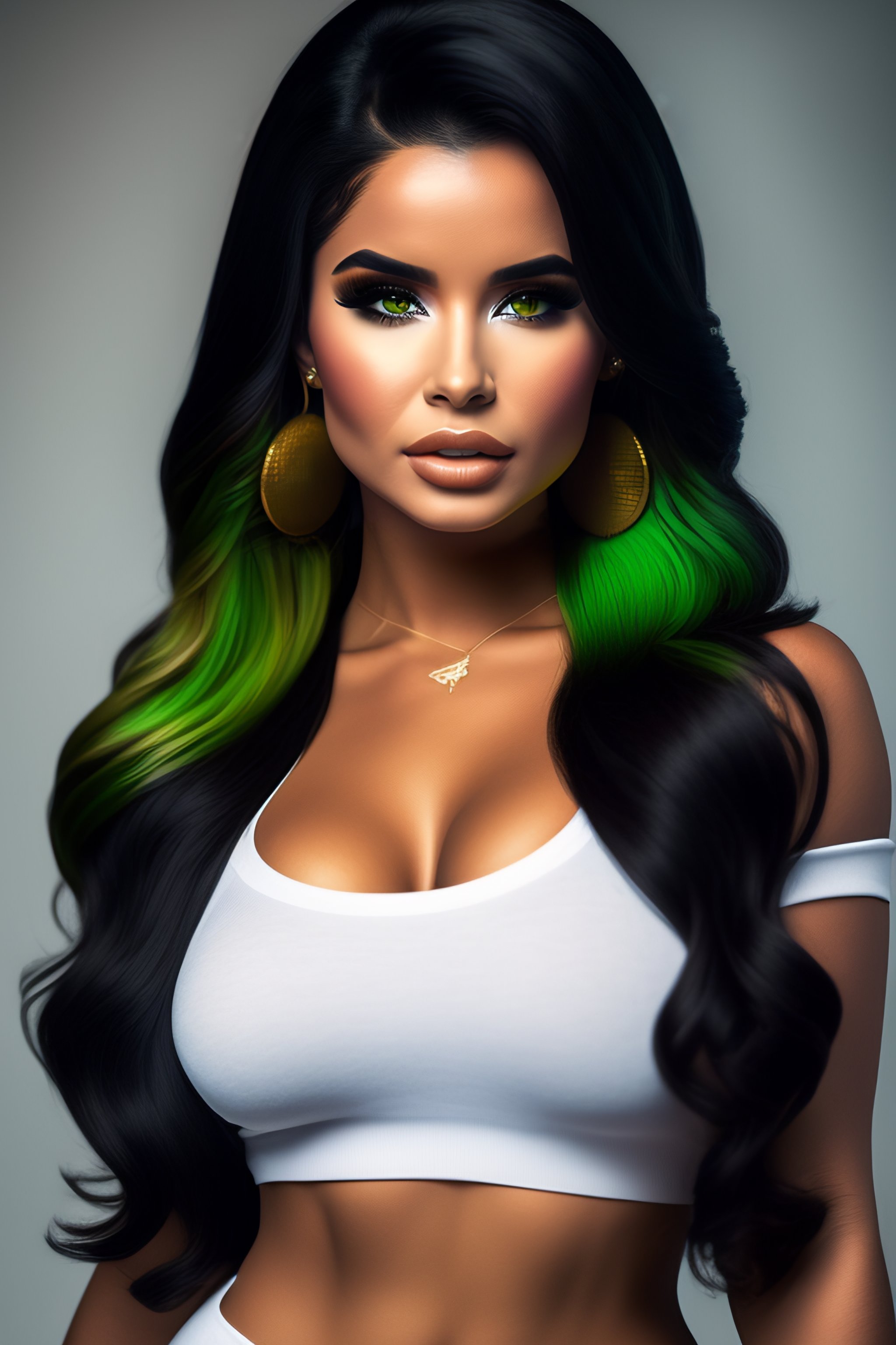 Lexica - Full body length studio photos of Demi Rose with black hair and  green eyes, wearing t-shirt and jeans, beautiful face, with snake in her  h
