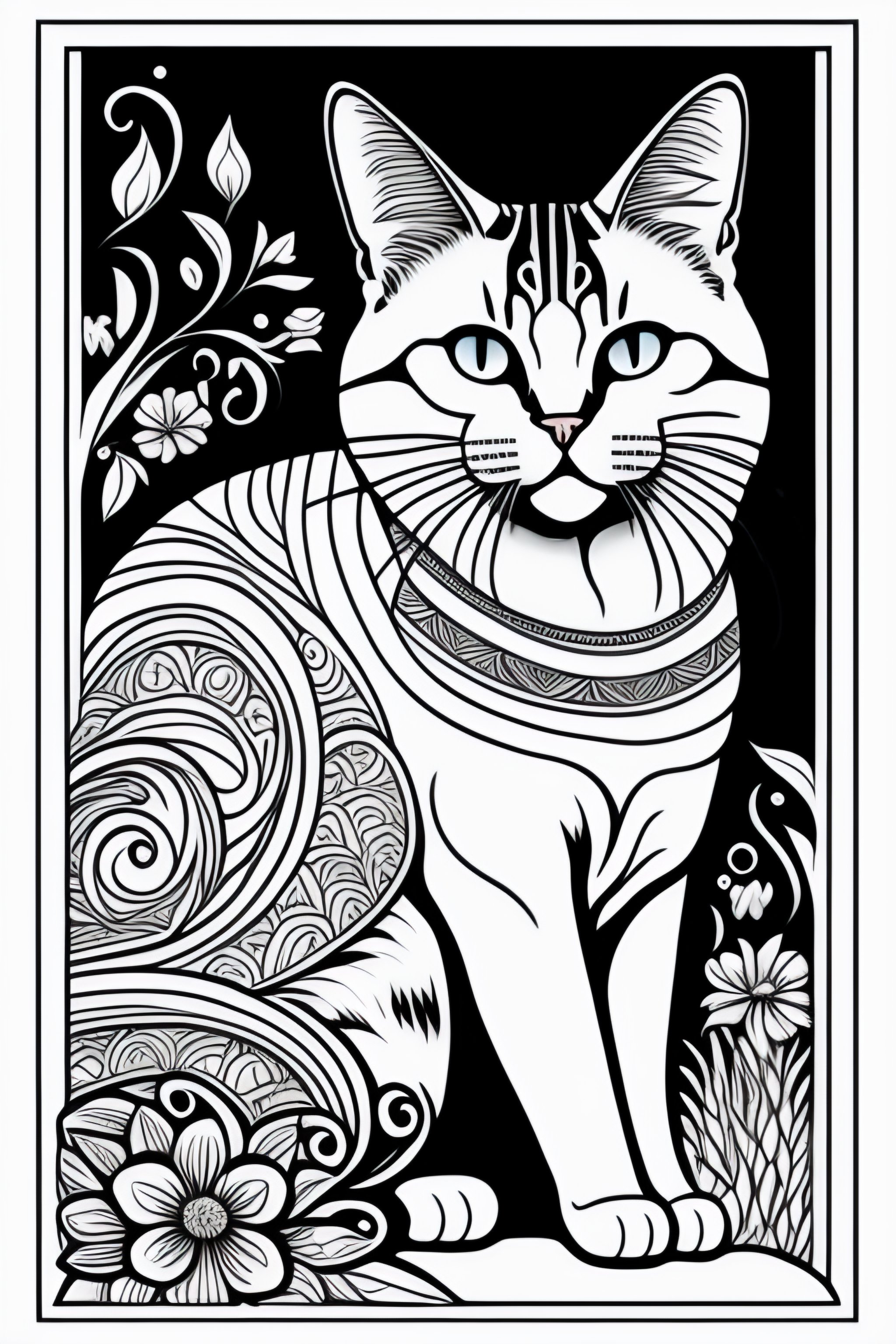 Lexica - Cat style coloring book for kids , outline art, drawing, sketch,  b&w, not overcrowded