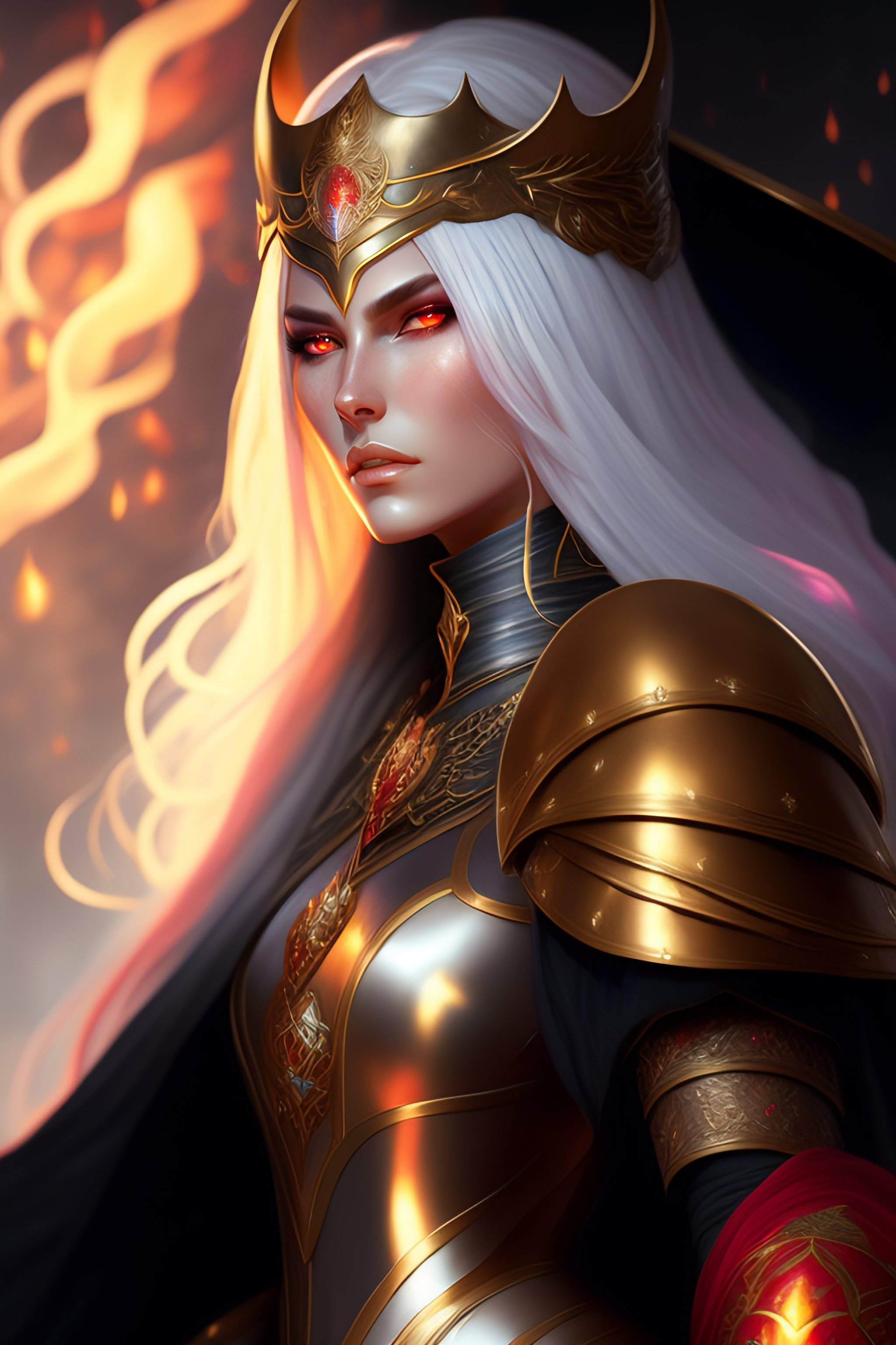 Lexica - Queen in black armor, long white hair, demonic red eyes, fiery ...