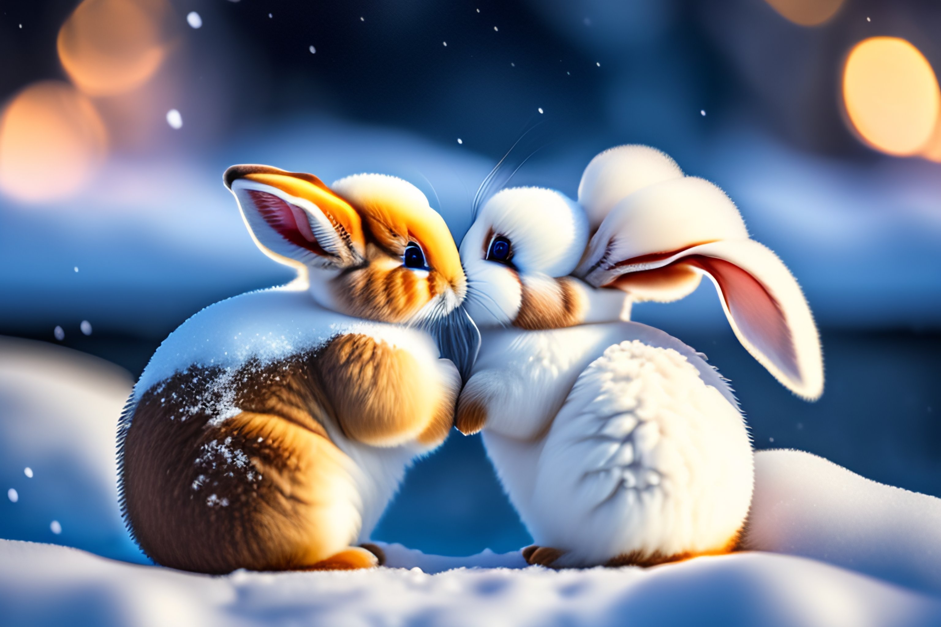 Lexica - Fluffy bunnies kissing in the snow