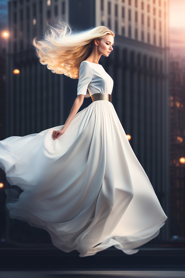 Lexica - Beautiful young blonde woman in white loose long dress flying ...