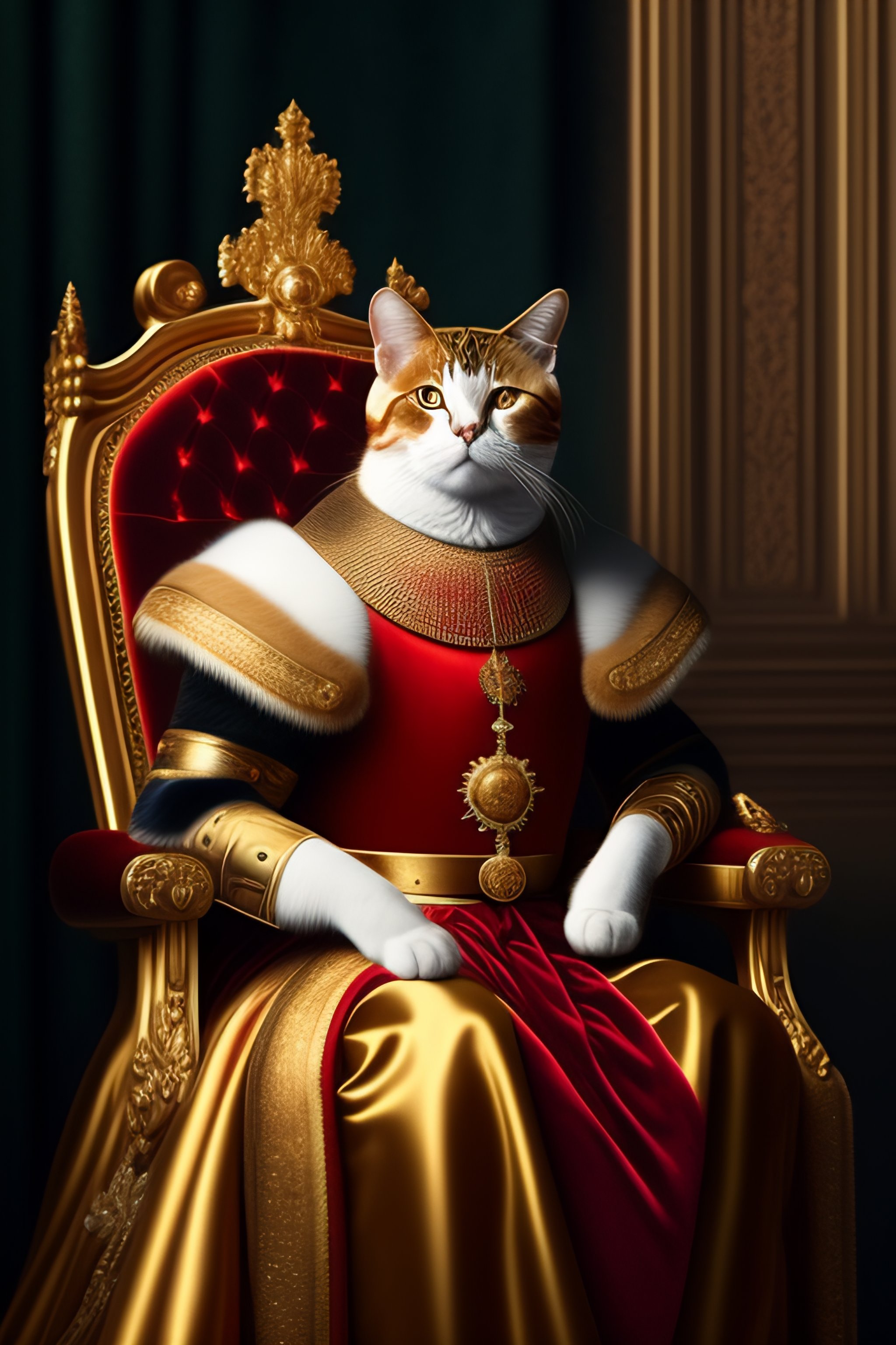 Lexica A portrait of cat as a king sitting on a throne with a crown and luxurious clothes, cute