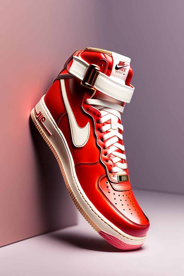 Lexica Nike x Cartier collab on Nike Air Force 1 high model with luxury leather and hyper bolded bulky soles. color cartier red buckle rose gold