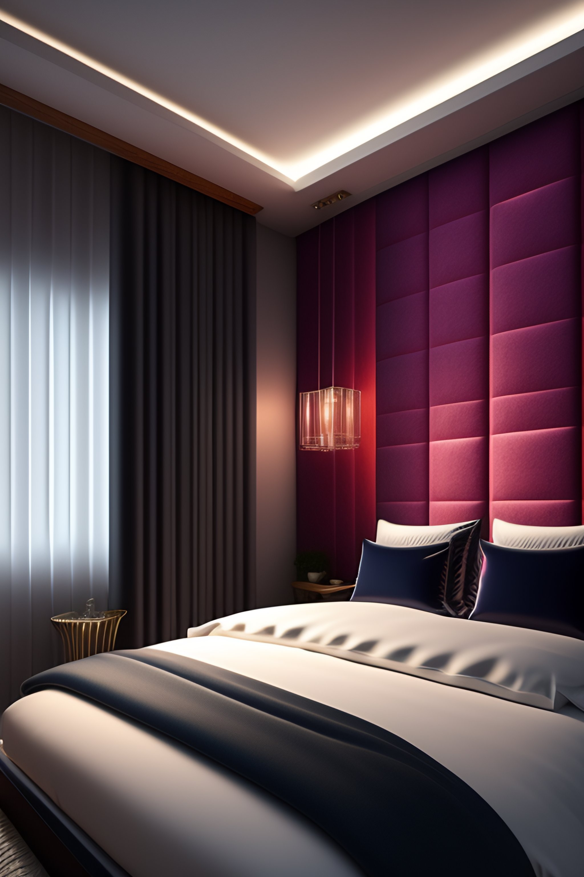 Lexica - Bedroom with large plush bed and walls covered in layers of fabric