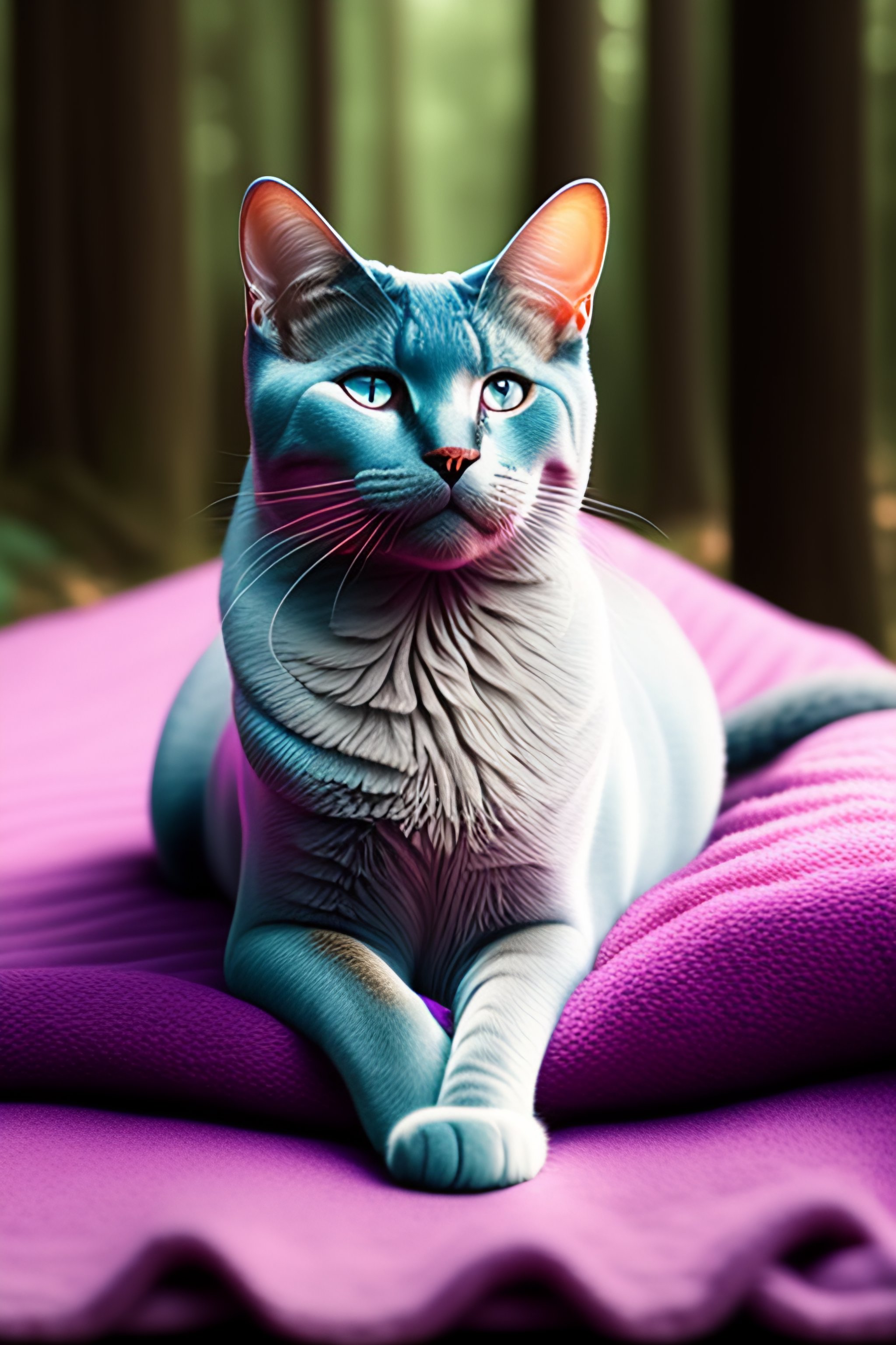 lexica-british-blue-cat-sitting-on-a-pink-blanket-in-the-forest