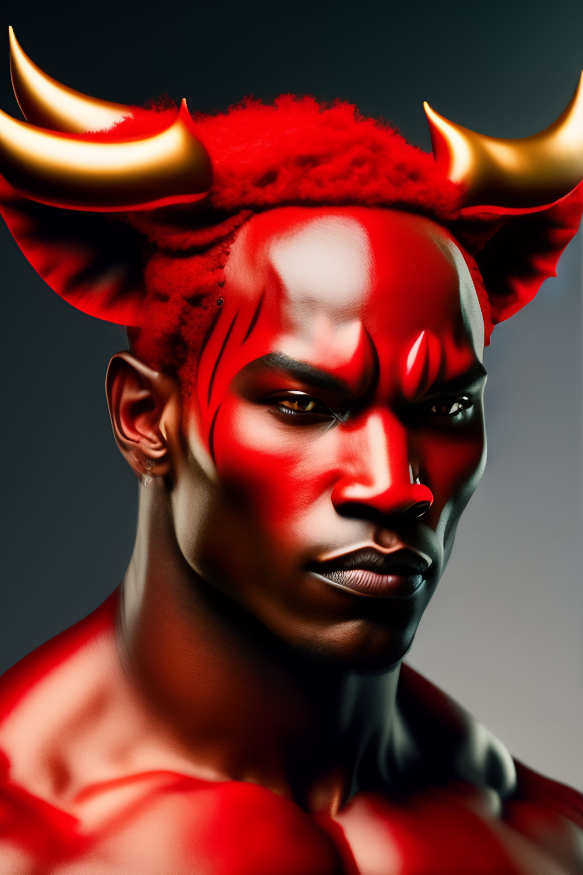 Lexica Demon with ham horns and demon tail, red skin color, full body