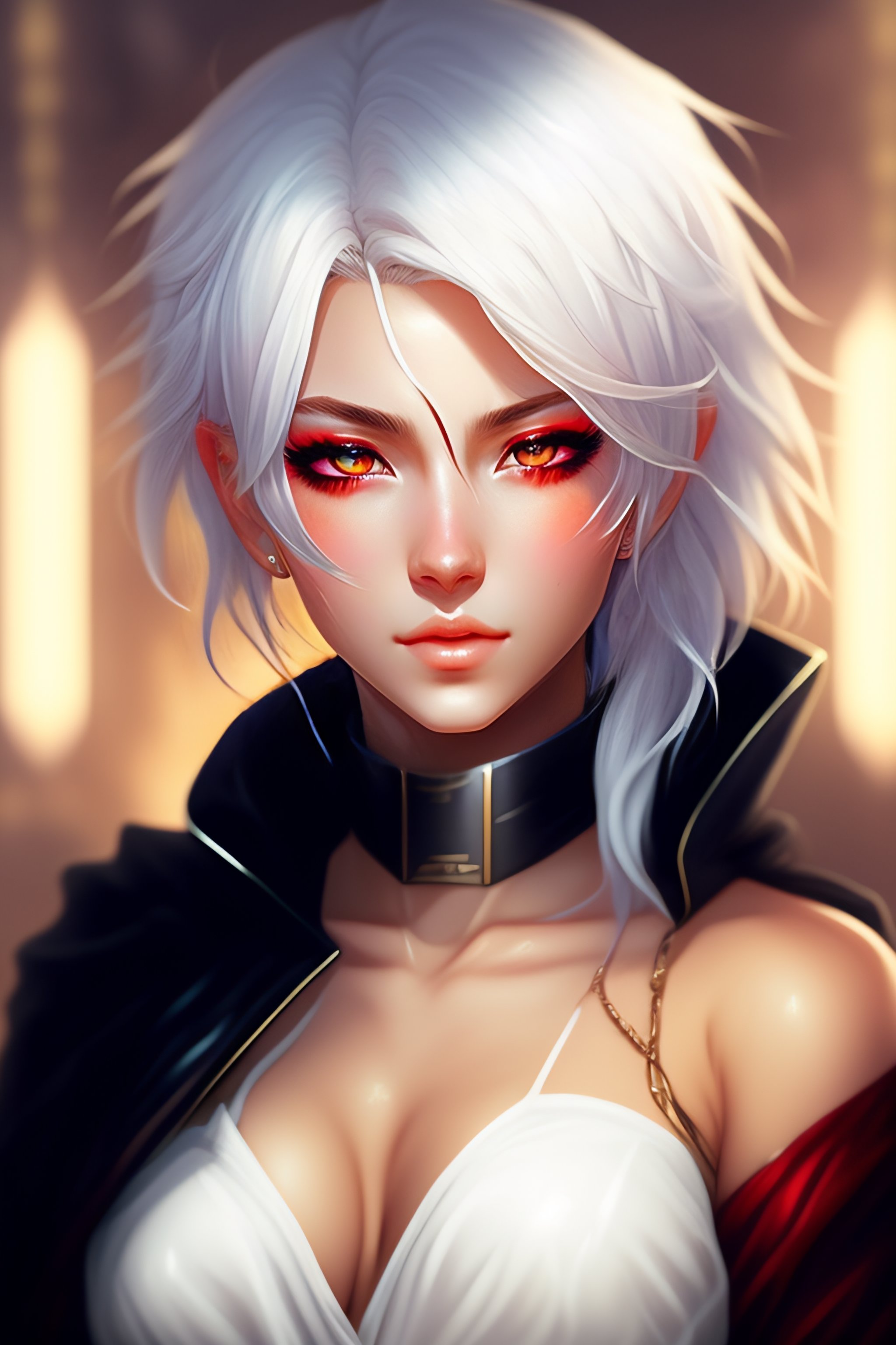 Lexica - Anime girl, 18+, White Hair, red Eye, shine eye, angel, looking at  viewer, black clother