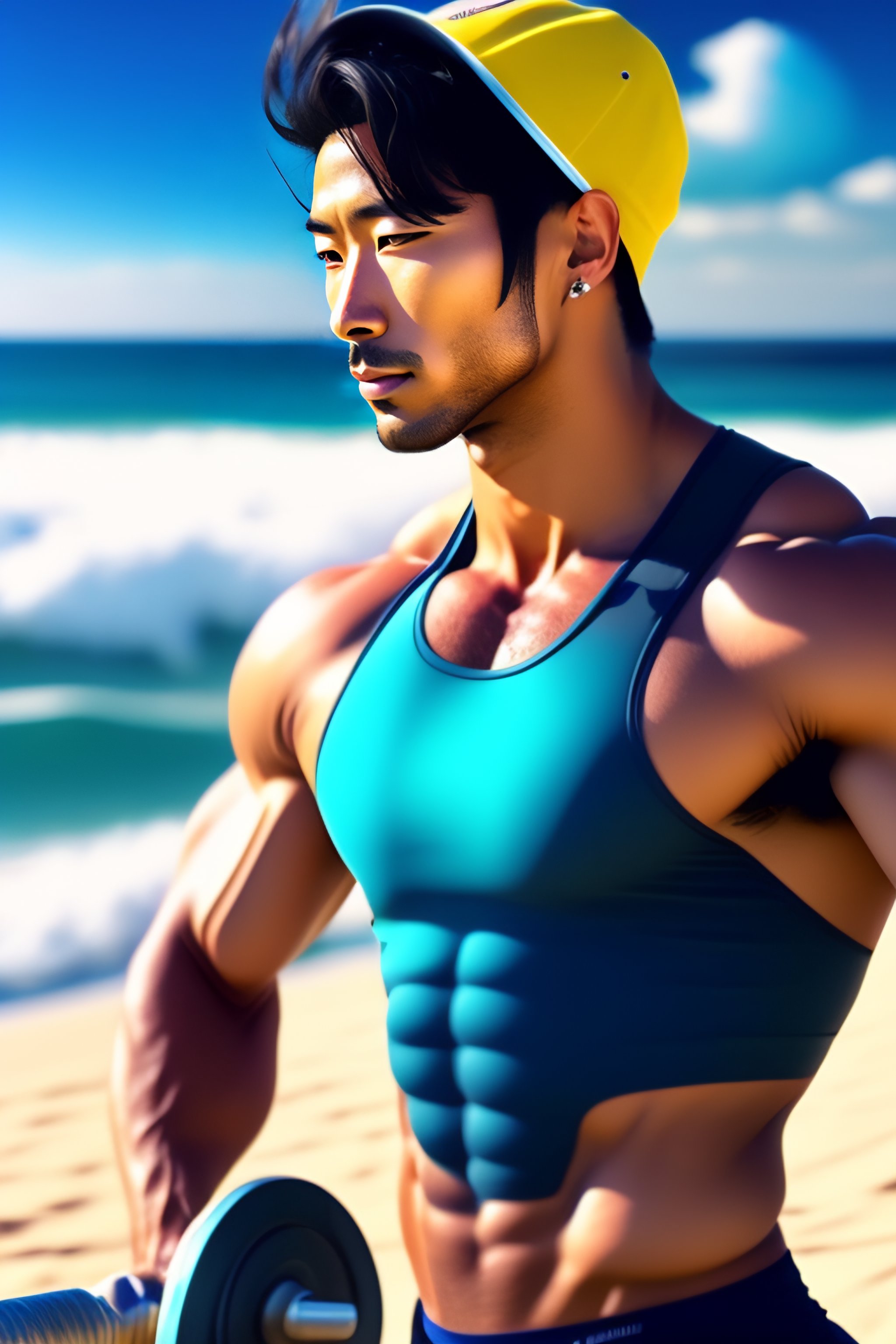 Lexica - Stunning with only a few muscles male working out at the beach,  artsy anime style