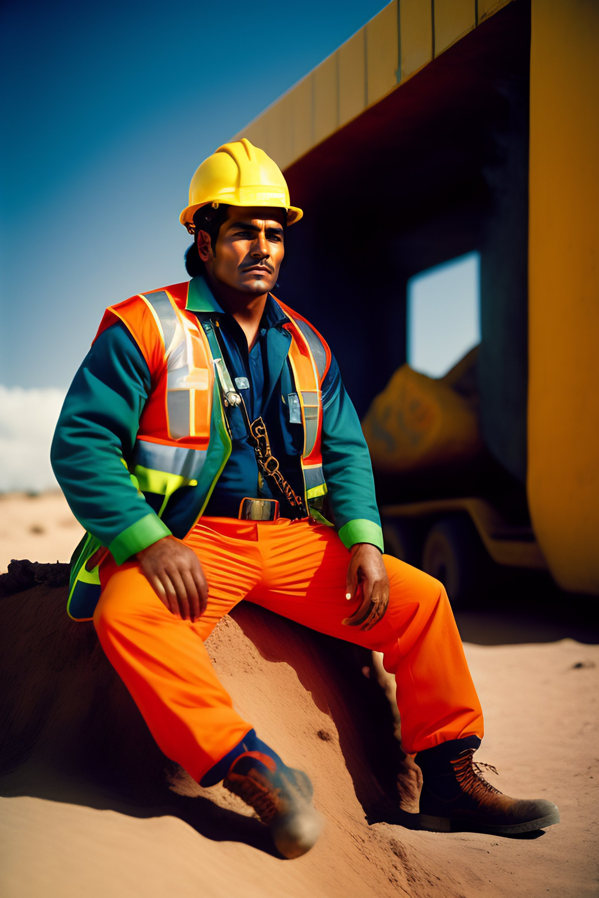 Lexica - Portrait of mexican construction workers on job site in ((gucci  suits and neon construction vests)) EPIC photoshoot by Annie Leibovitz.  LOUN...