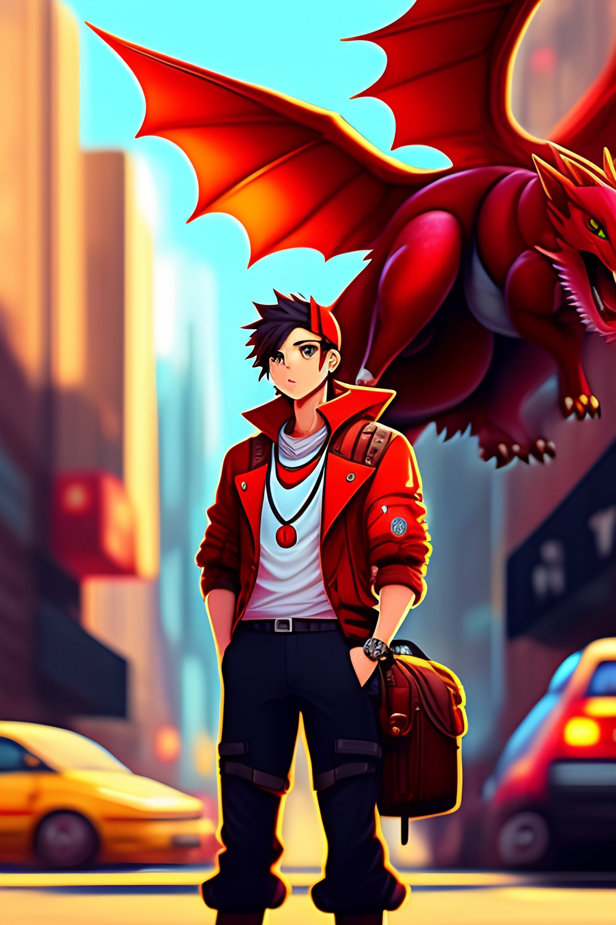 Lexica A Picture Of A Full Body Male Pokemon Trainer In Red With A Flying Dragon In A Neo Punk 0718