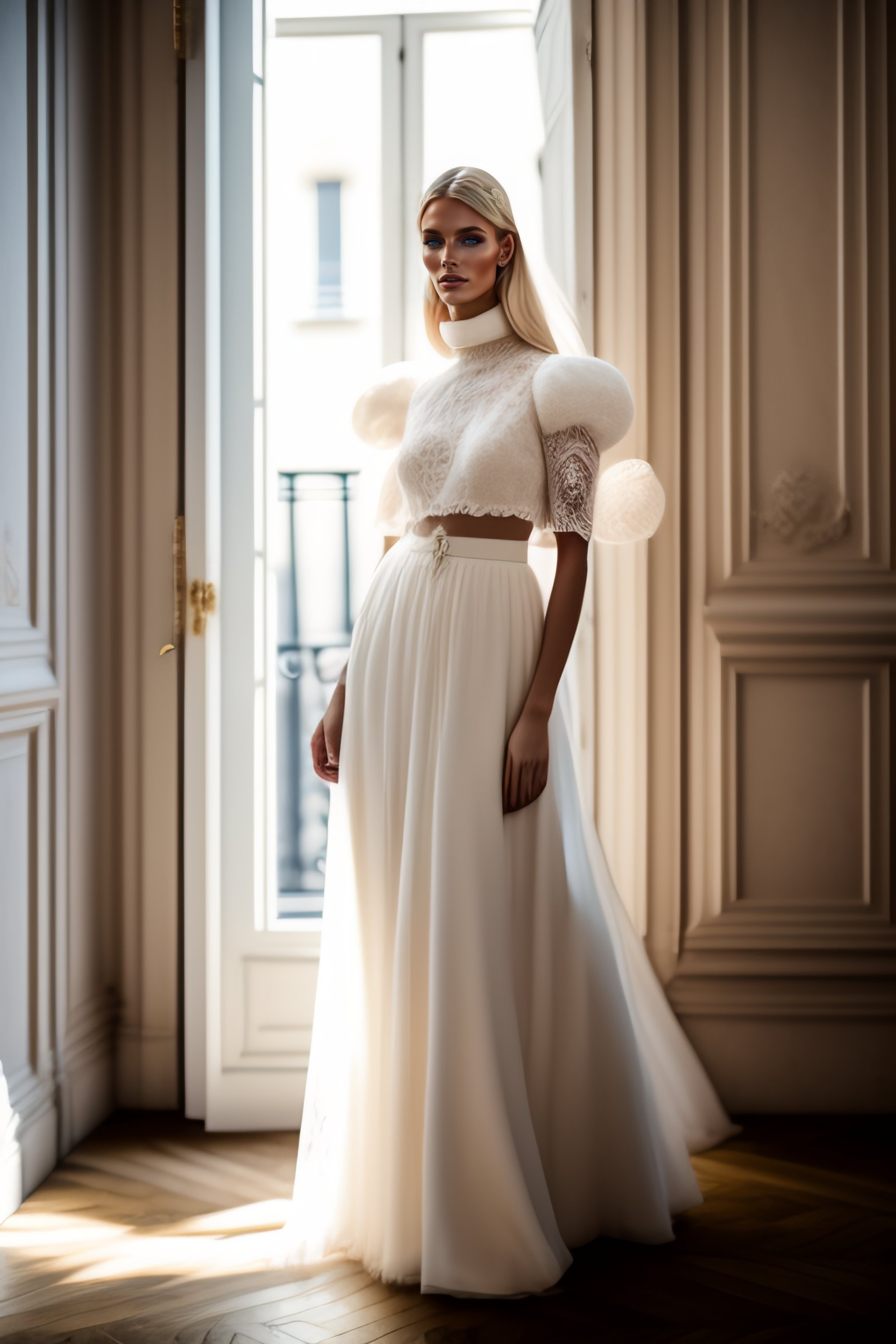 Lexica - Blond fashion model wearing a short wedding dress,ivory corded ...