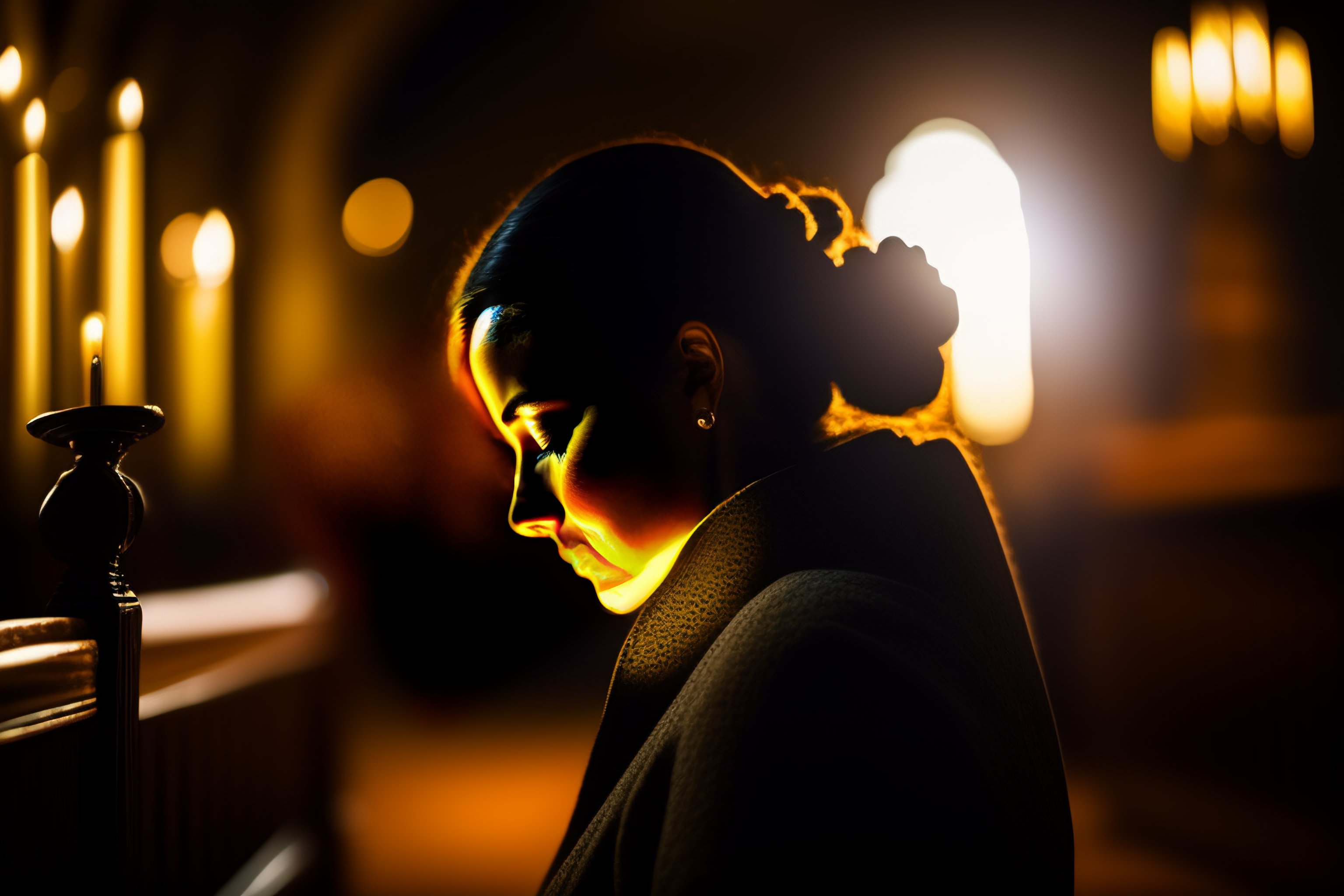 Lexica - Photo of a woman praying in a church in the dark, sharp focus ...