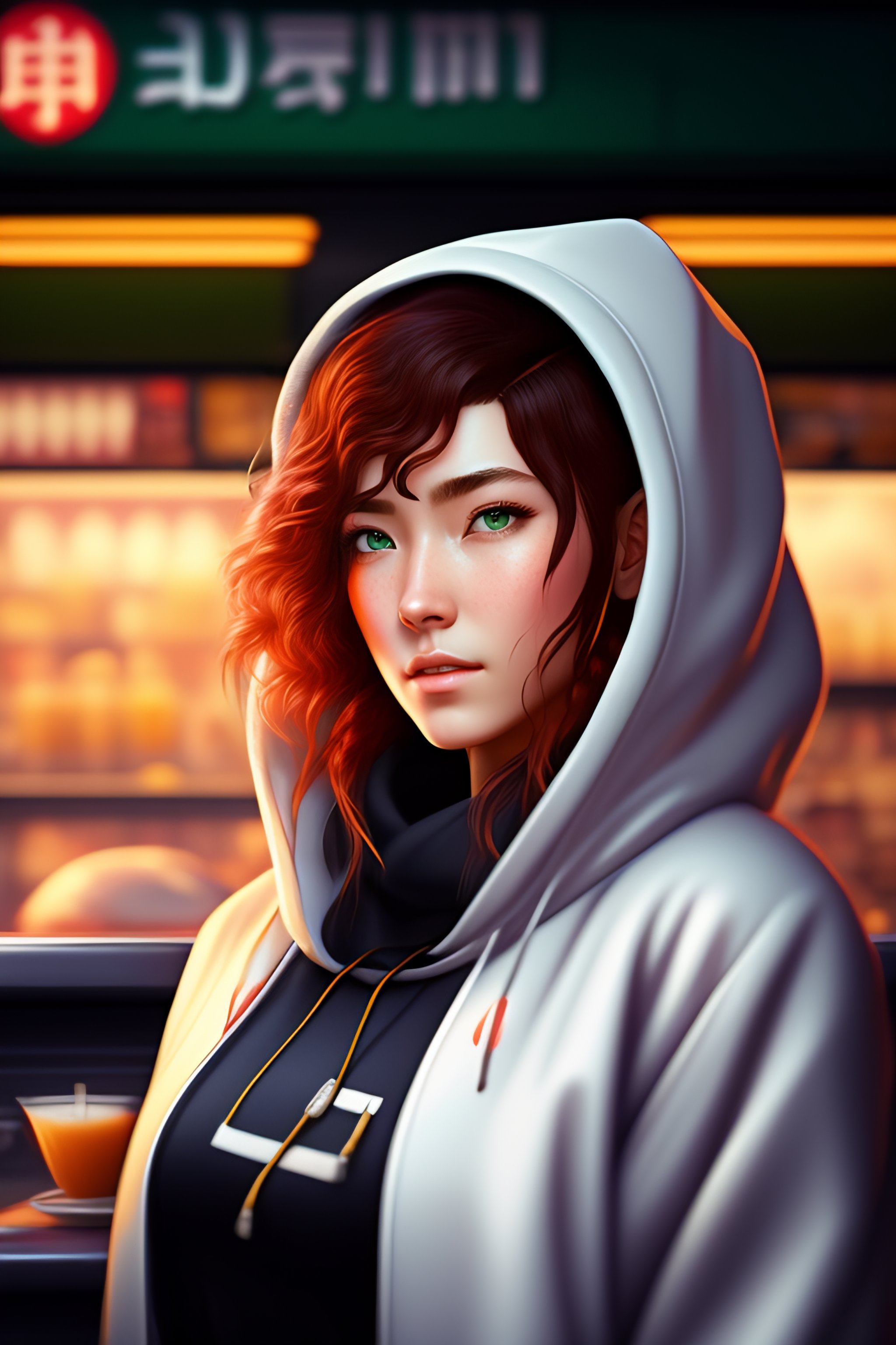 Lexica Cyberpunk City Setting Realistic Young Anime White Woman Wearing A Hoodie Under A 2110