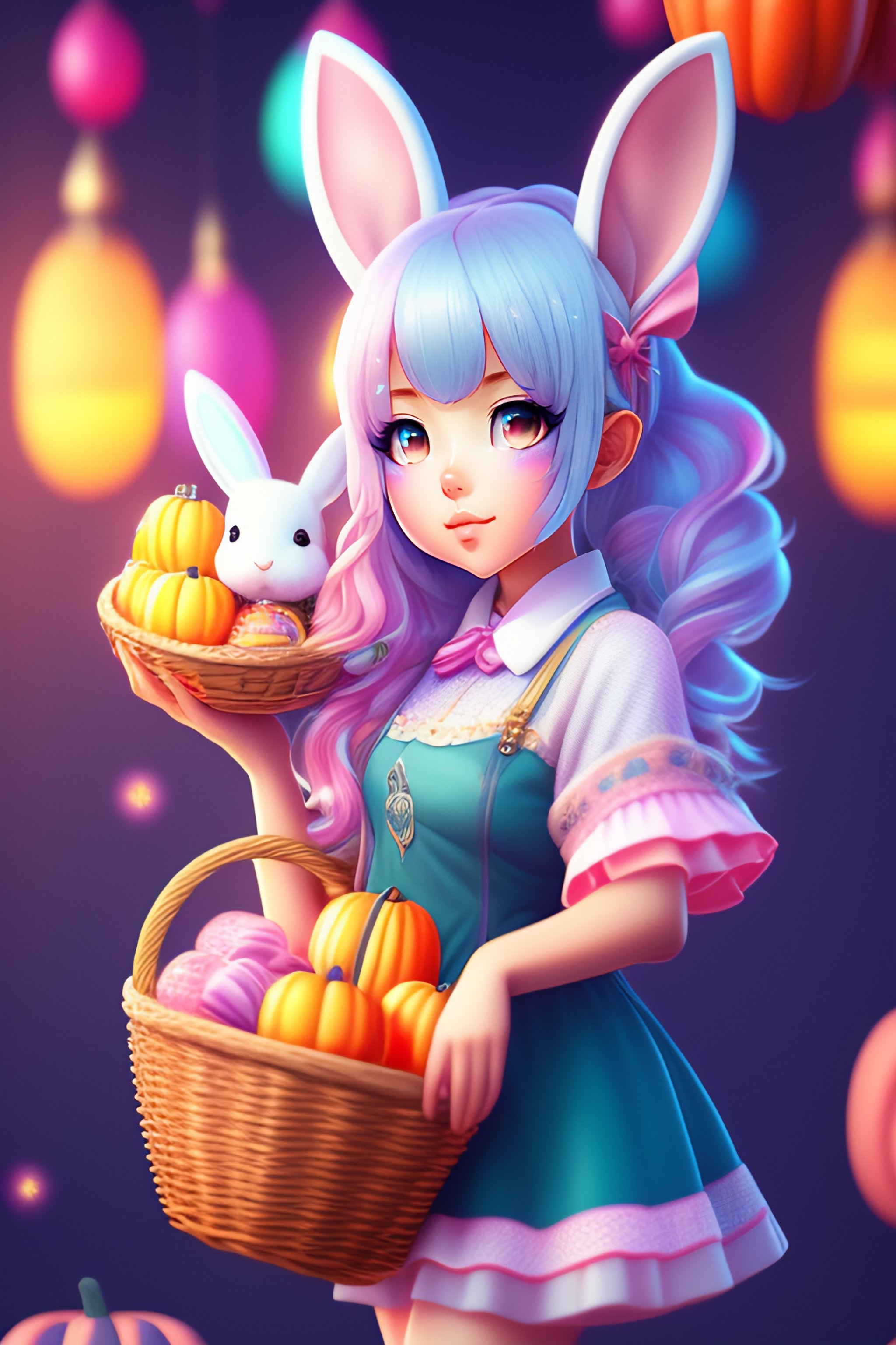 Lexica - Anime,wallpaper like pencil drawing, digital art of cute kawaii  girl with rabbit ears, light blue hair,bob,pink eyes,holding a basket full  o