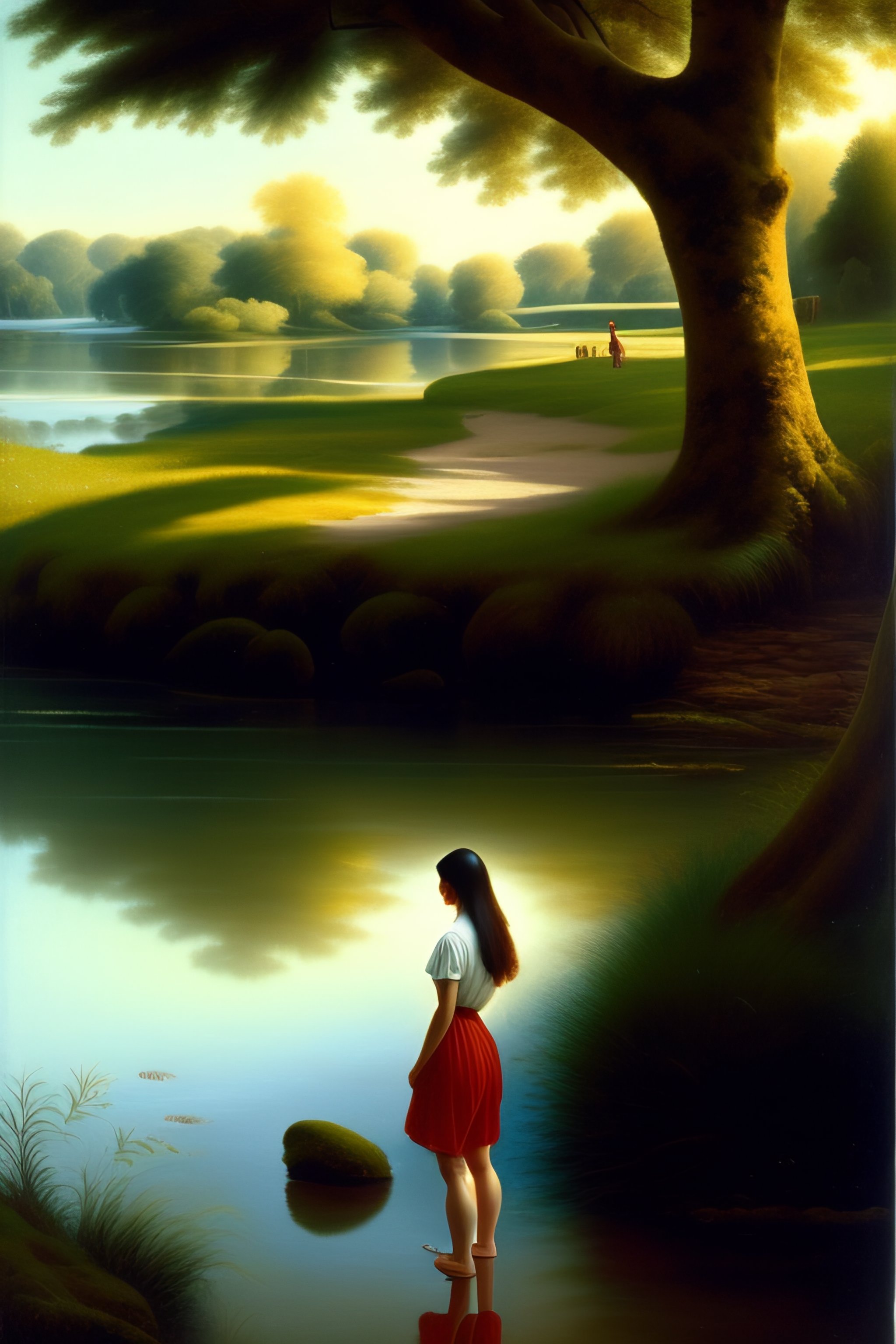 Lexica - A young woman facing the objective, with her feet in the water ...