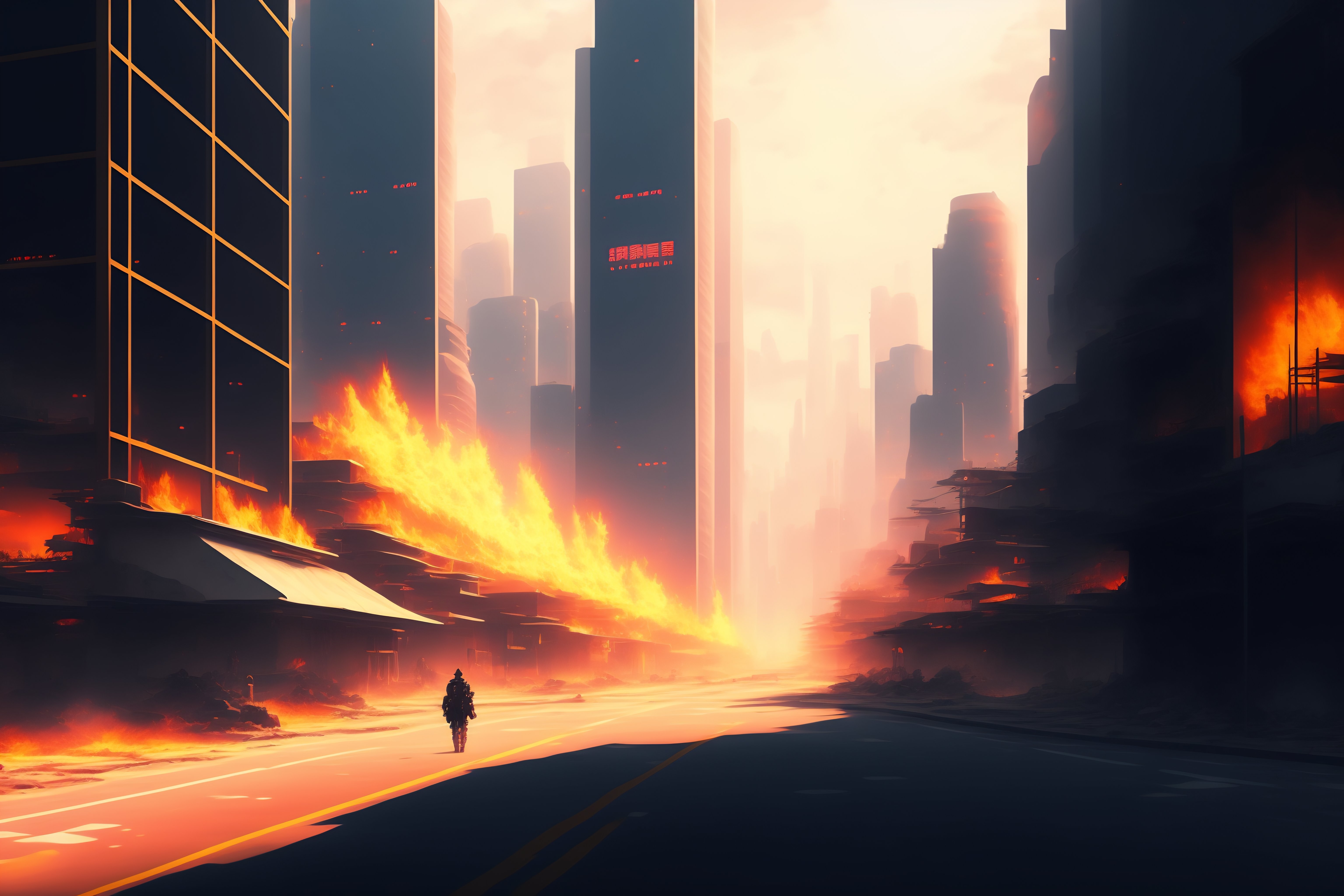 Lexica - An anime style background of an apocalyptic city on fire that ...