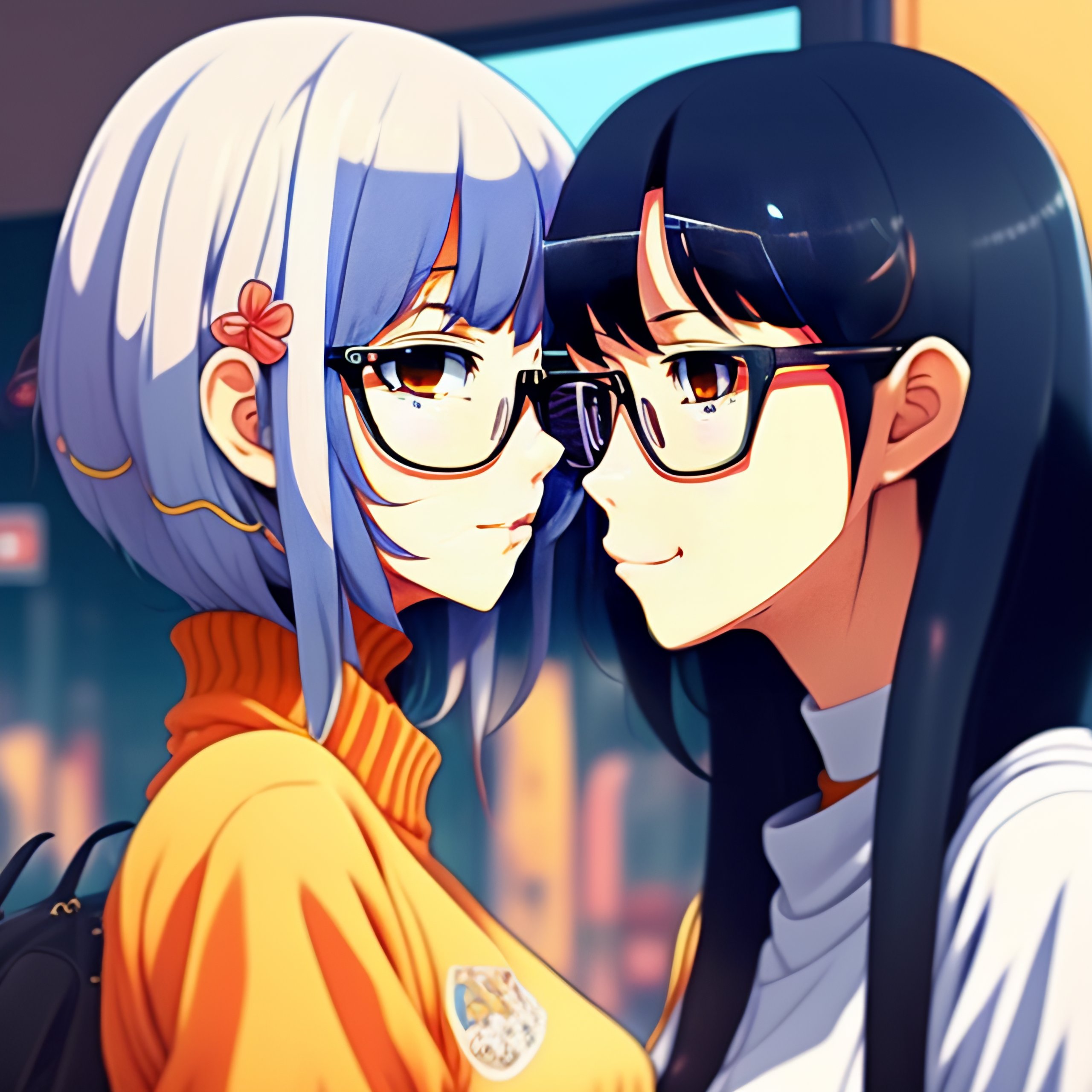 Lexica - Girl with glasses kissing her girlfriend, ghibli, anime style