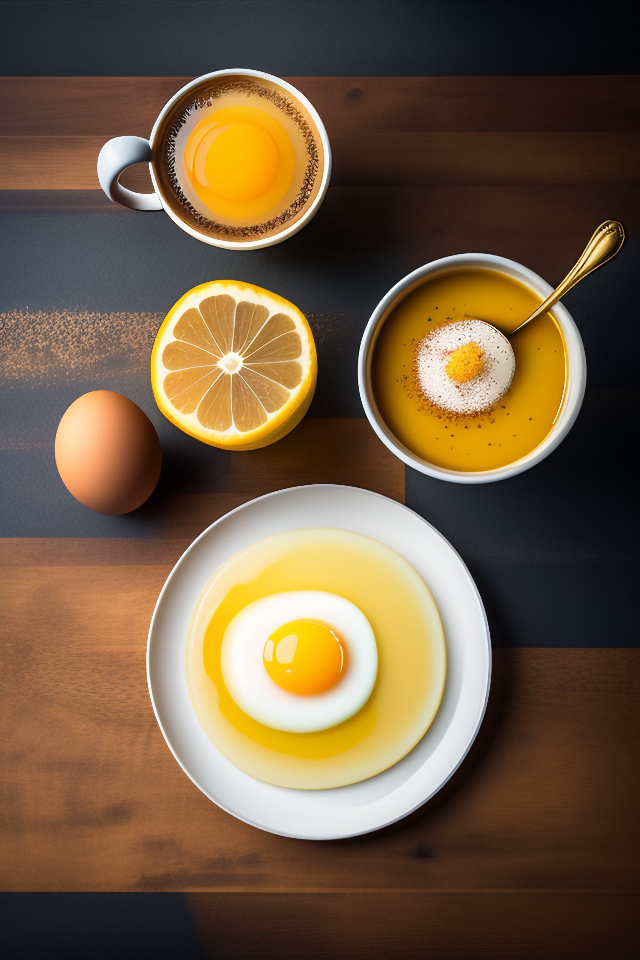 Lexica - A top view of breakfast table with a plate of egg sunny up and ...