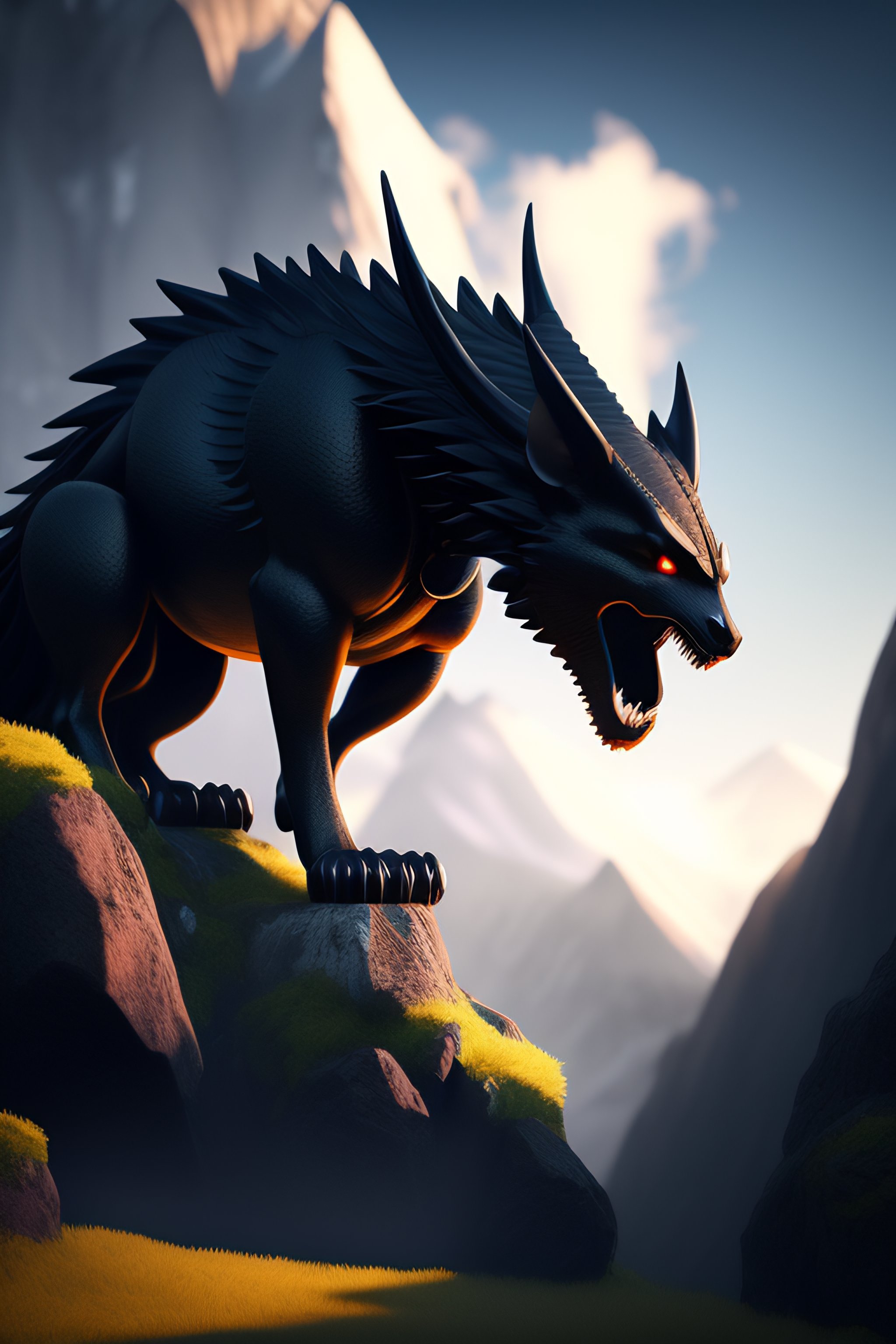 Lexica - A black dragon in the mountains, soft light, sharp focus ...