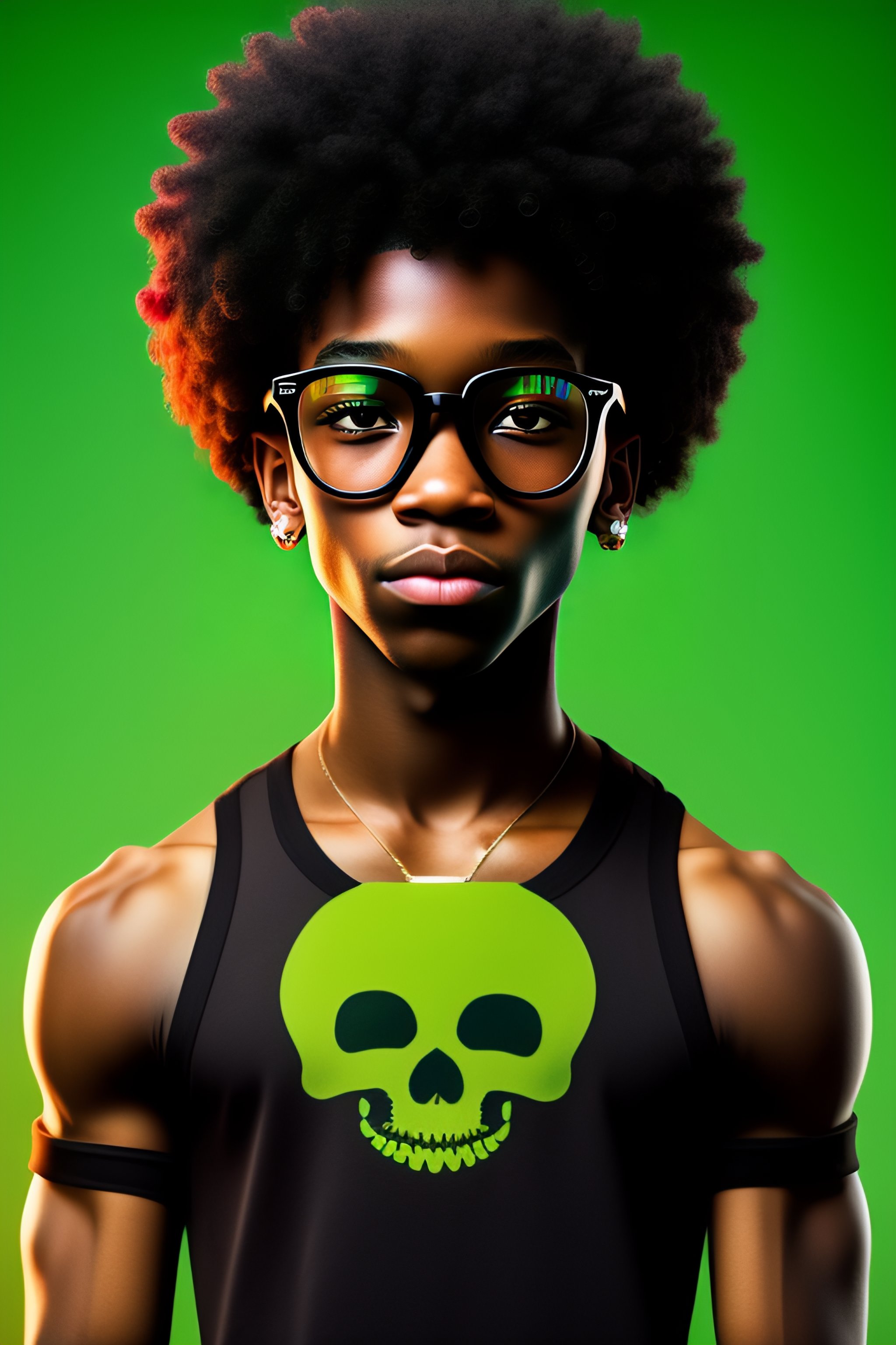 Lexica - A anime afro boy with green eyes and a skull mouth, wearing a ...