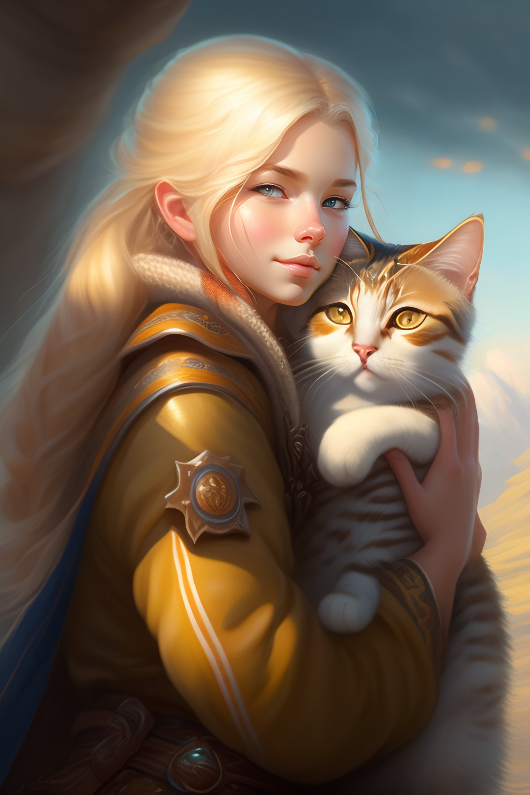 Lexica - A detailed portrait of a cute calm blonde girl hugging a tabby ...