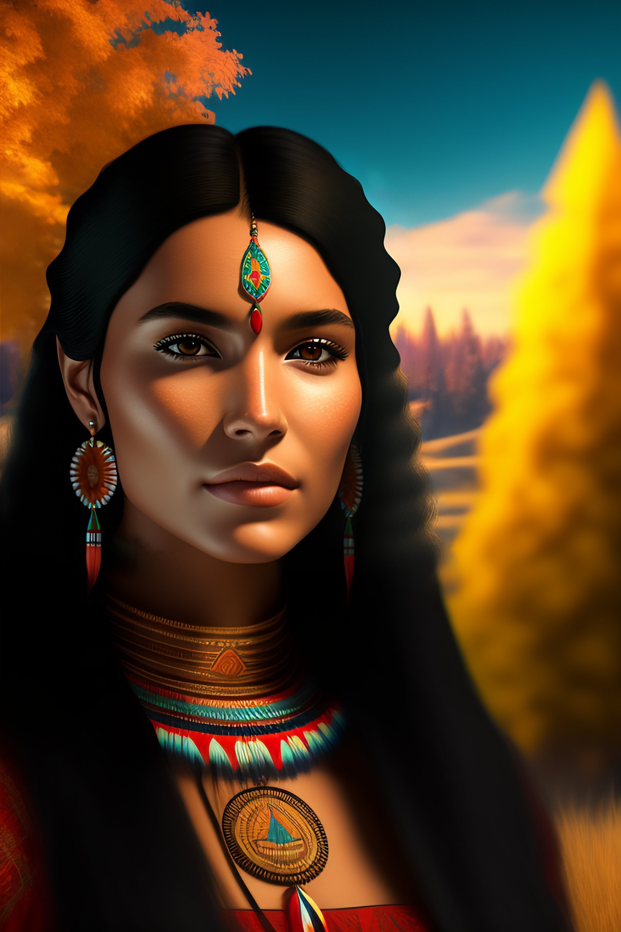 Lexica - Native american young woman portrait in 3d digital art with ...