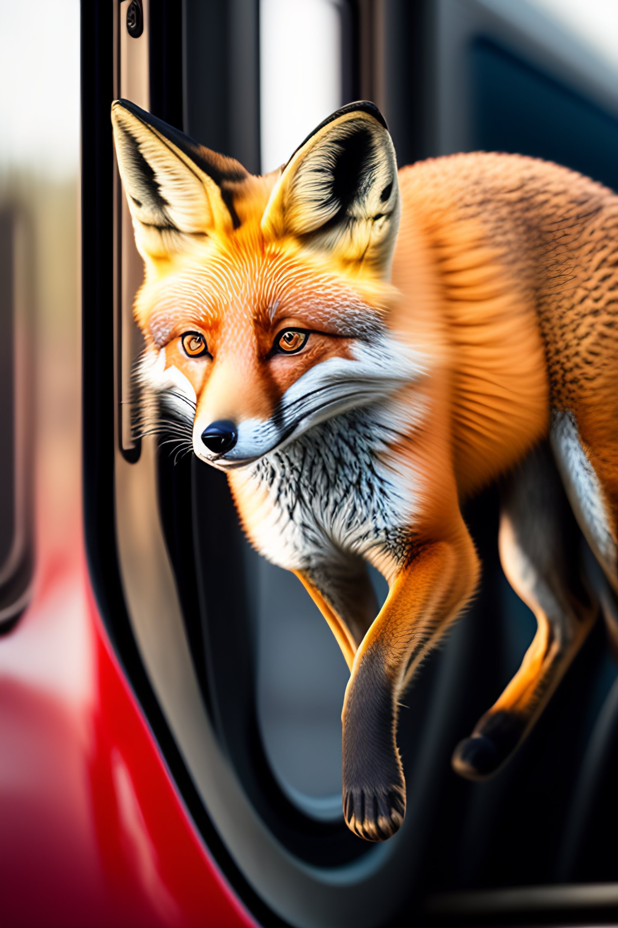 Lexica - A close up of a Red fox jumping on a train