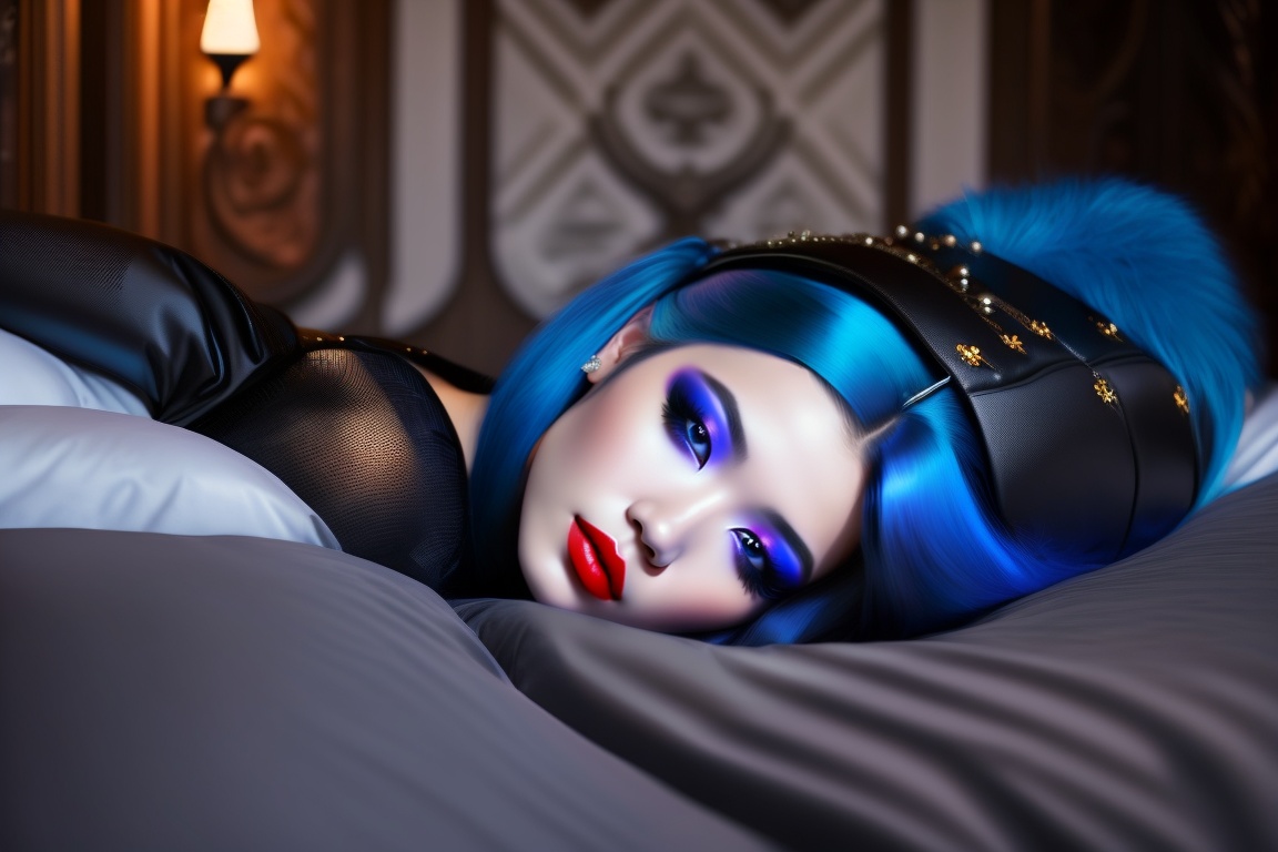 Lexica - Beautiful pale japanese girl lying down on a bed in a upper-class  greek house, black lips, blue hair, black horns, black formal dress, greg  ...