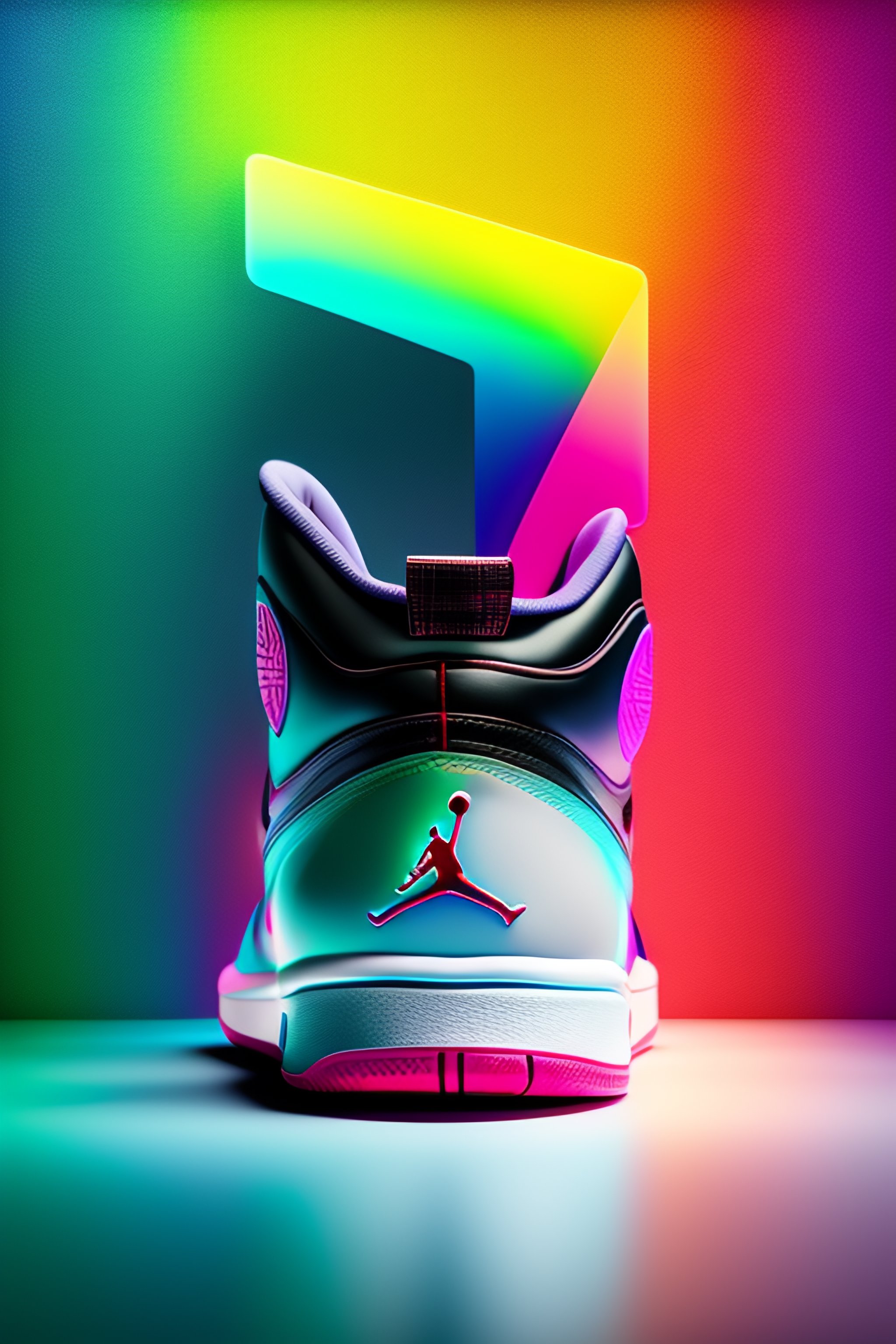 Lexica Hyperrealistic and heavy detailed product photo air jordan shoe with rainbow color in front of white back drop whole shoe is in picture l