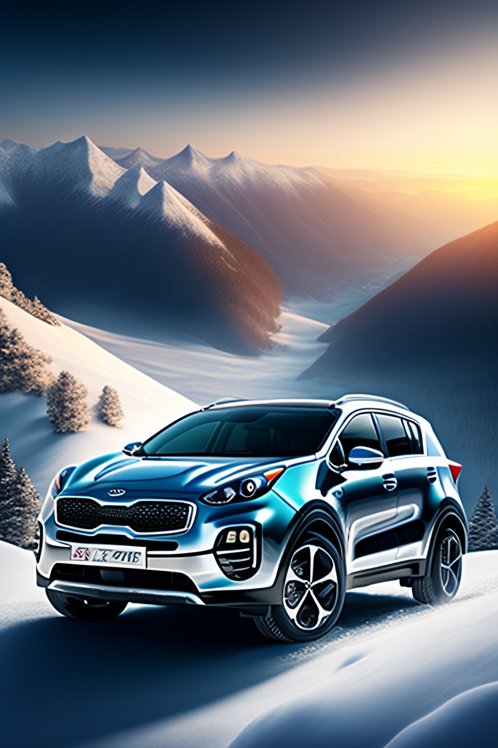 Lexica Kia sportage on mountain, snow, dreamy, shine