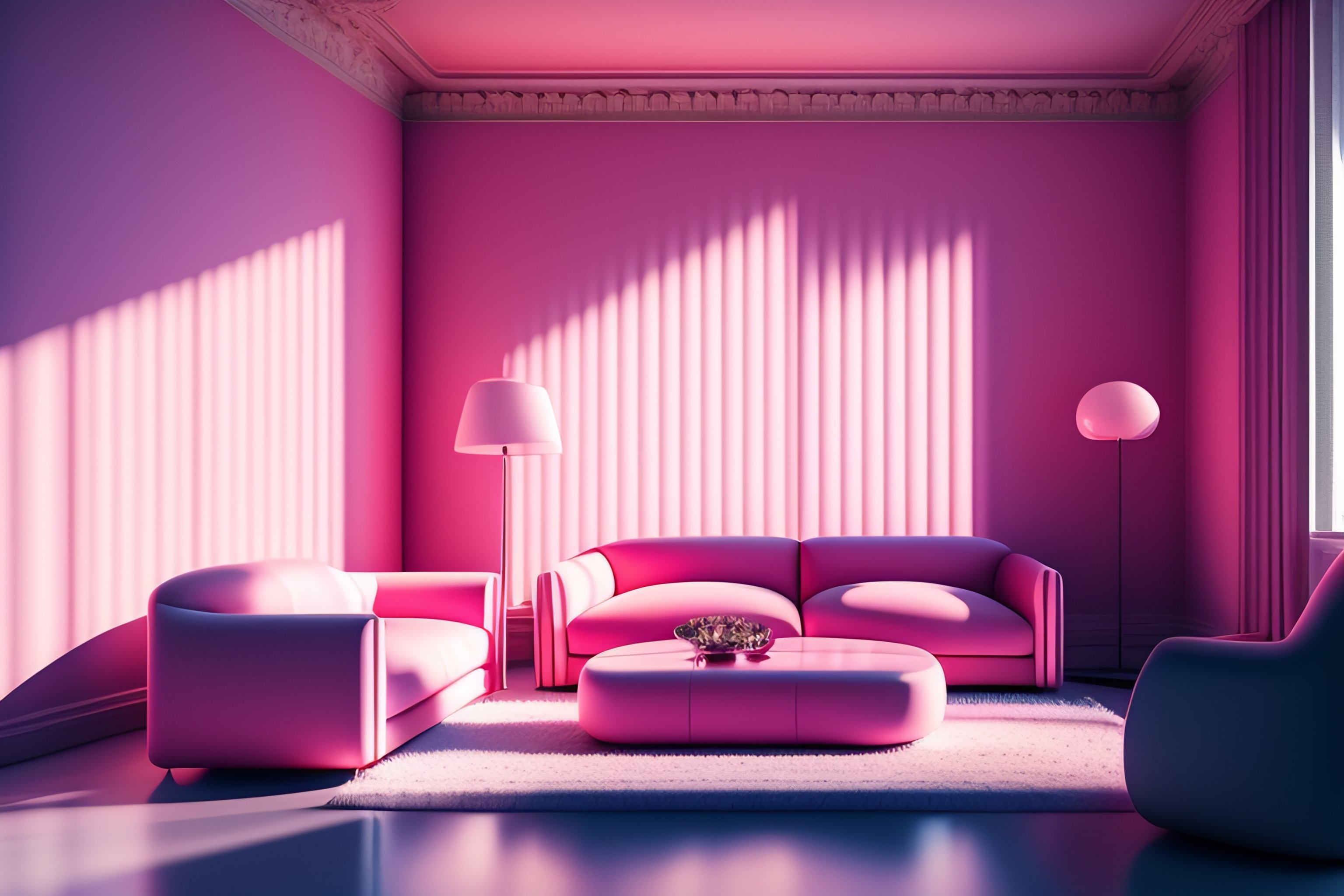 Lexica Pink velour sofa, white walls, daytime, soft light through