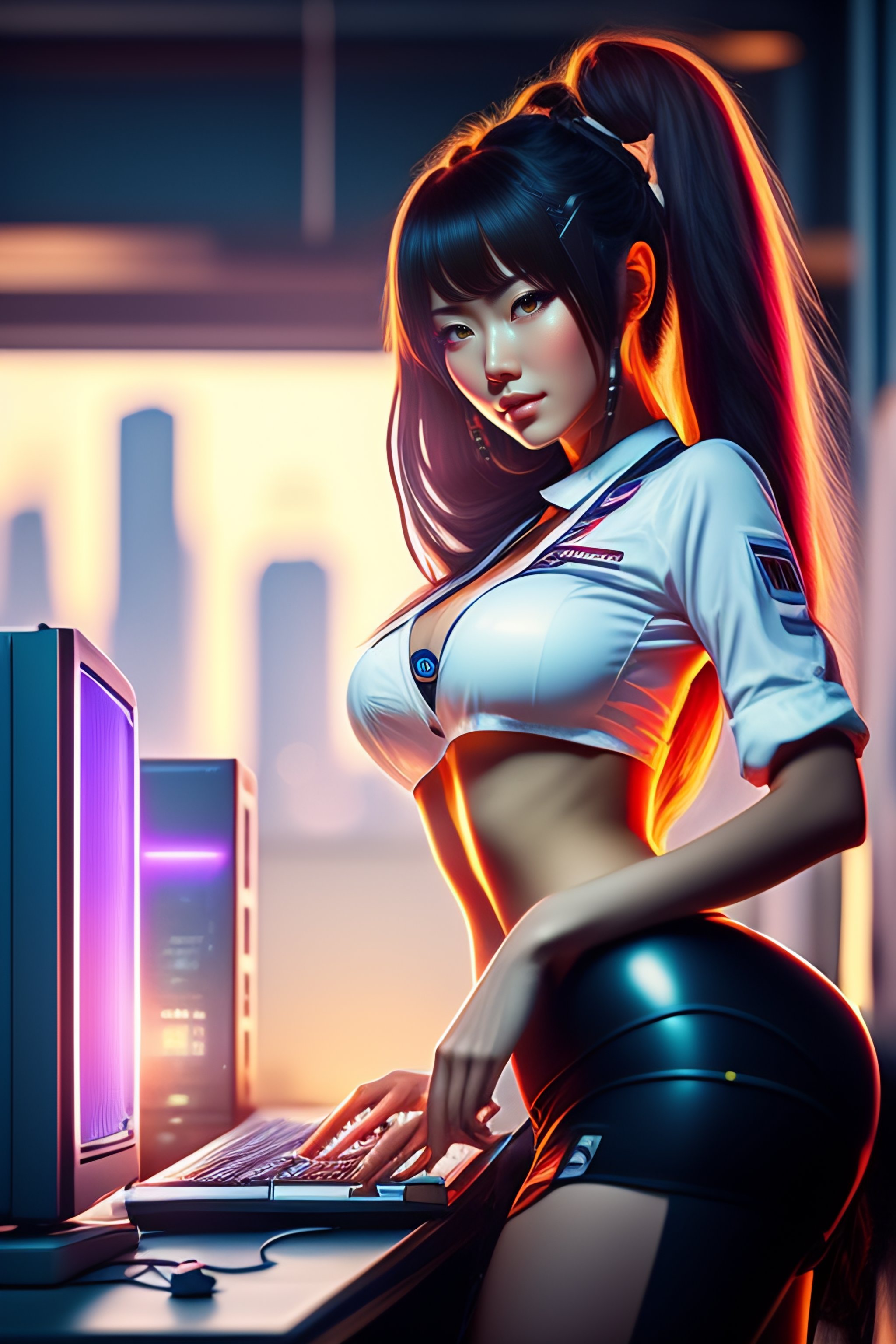 Lexica Sexy Anime Girl Working On Computer In Loft Skyline 